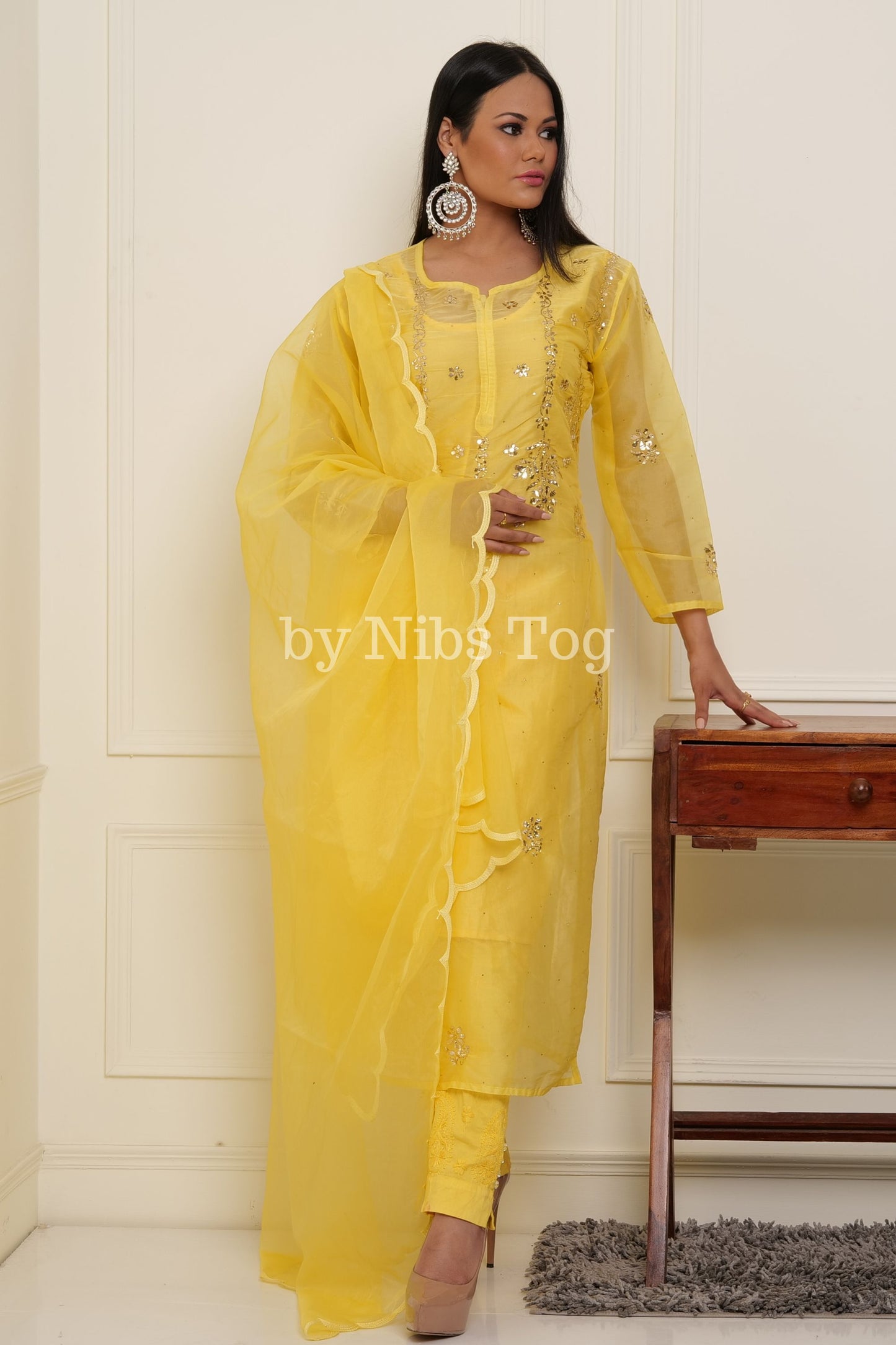 Yellow Organza Chikankari Suit with Dupatta Mukaish Work