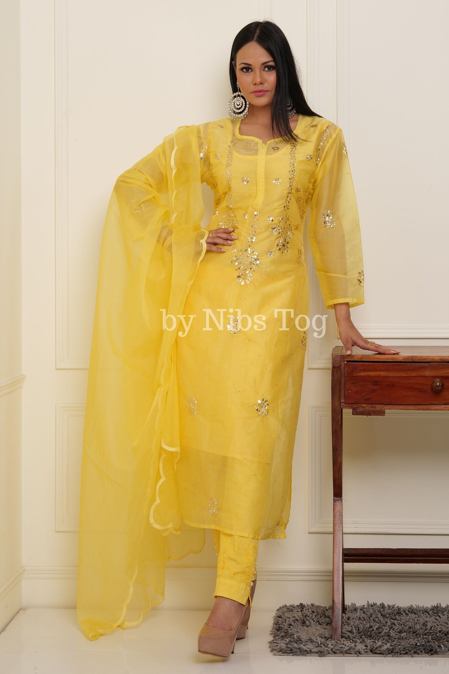 Yellow Organza Chikankari Suit with Dupatta Mukaish Work
