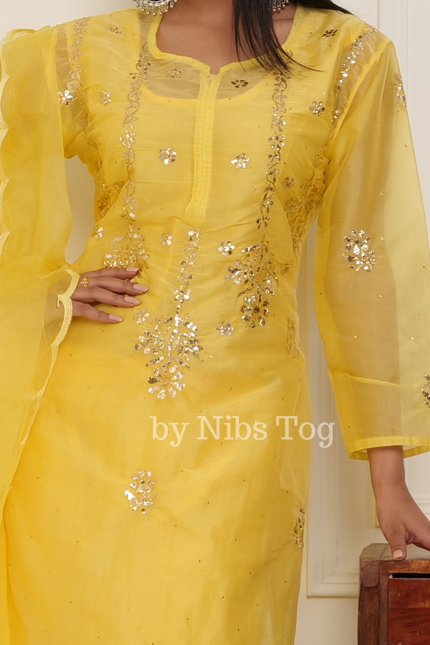 Yellow Organza Chikankari Suit with Dupatta Mukaish Work