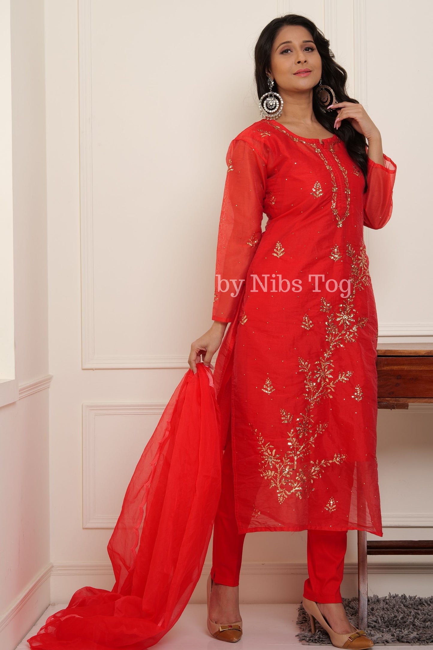 Red Organza Mukaish Chikankari Kurta Pant Set with Dupatta