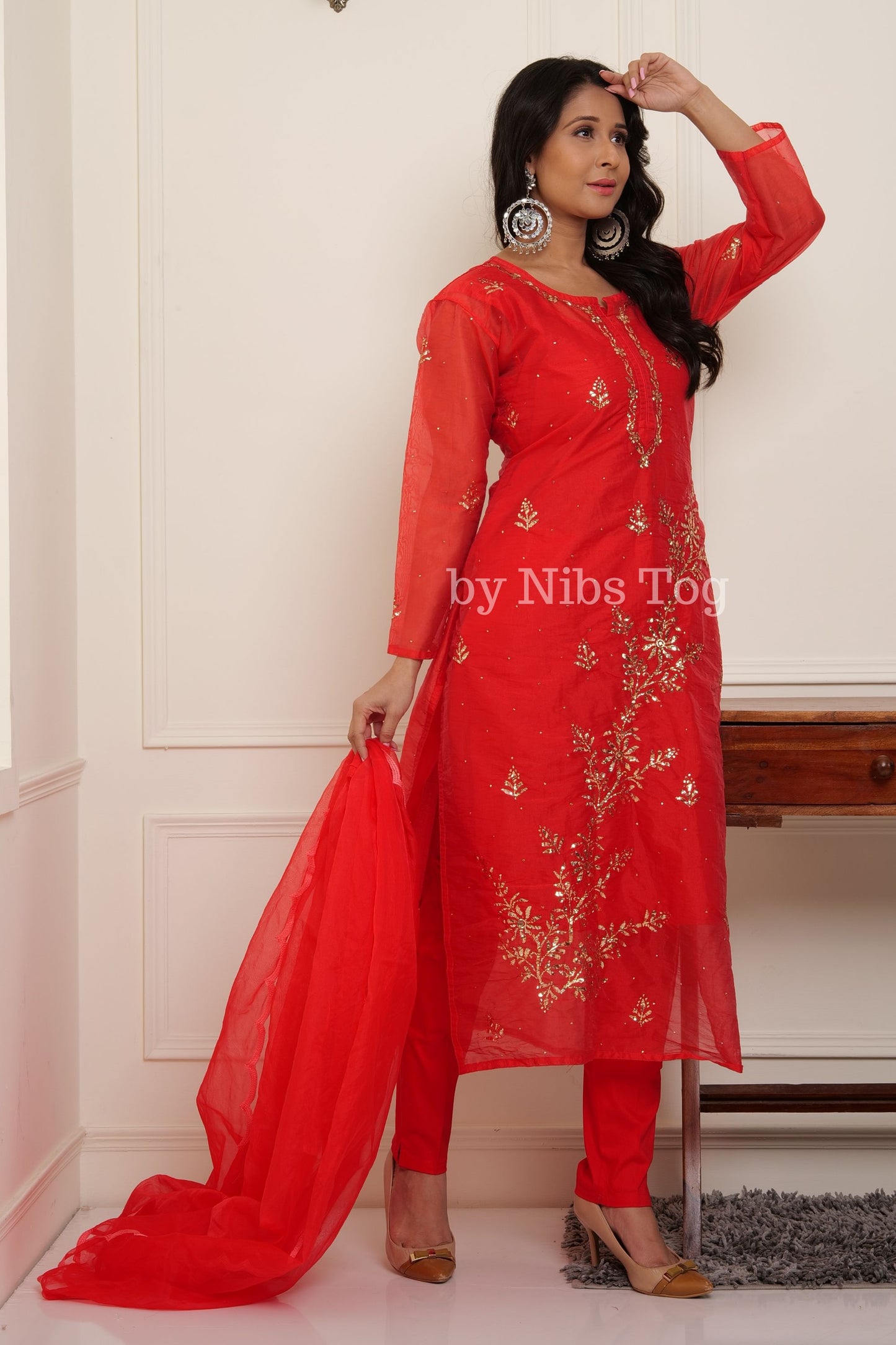 Red Organza Mukaish Chikankari Kurta Pant Set with Dupatta