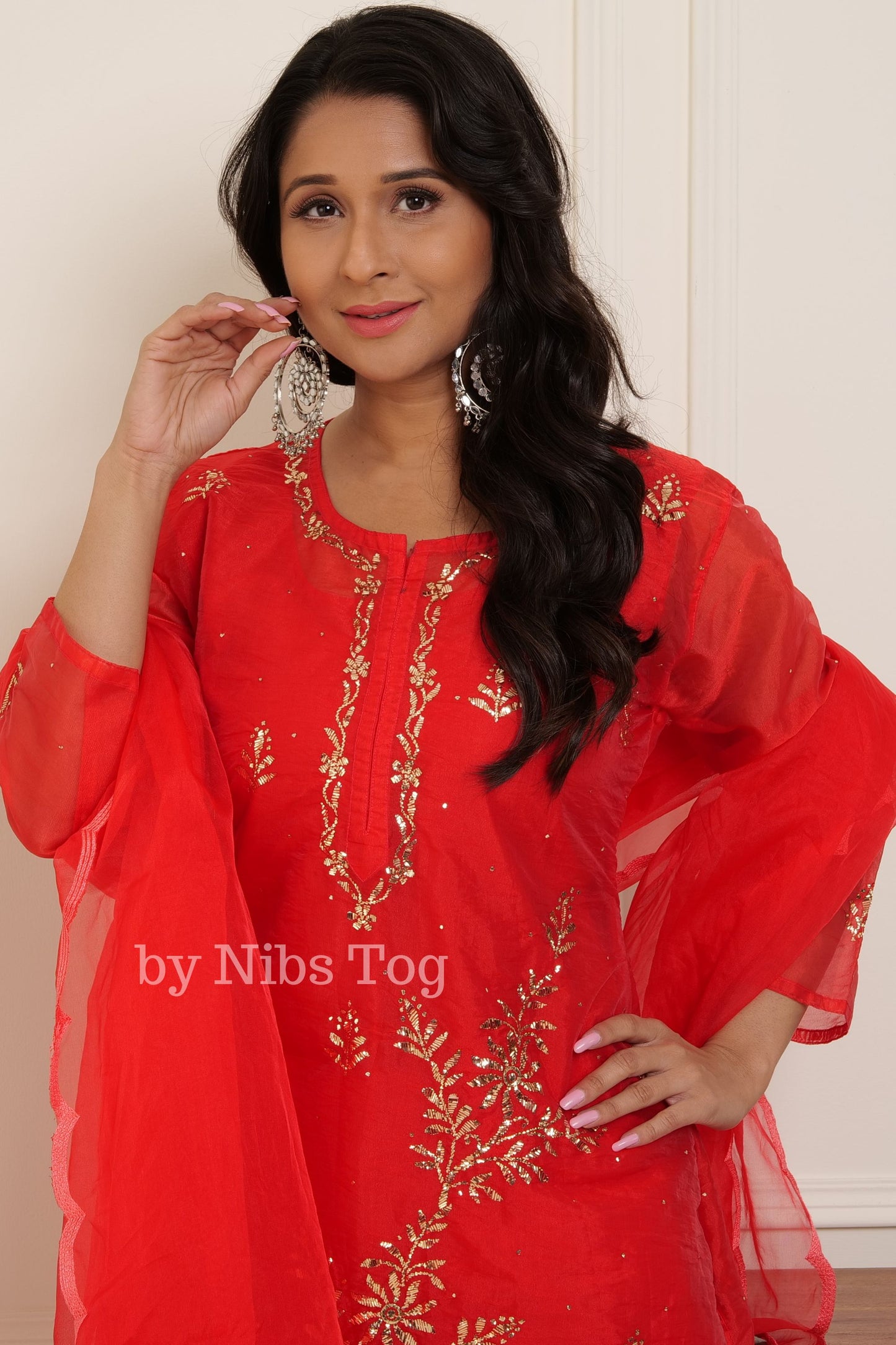Red Organza Mukaish Chikankari Kurta Pant Set with Dupatta