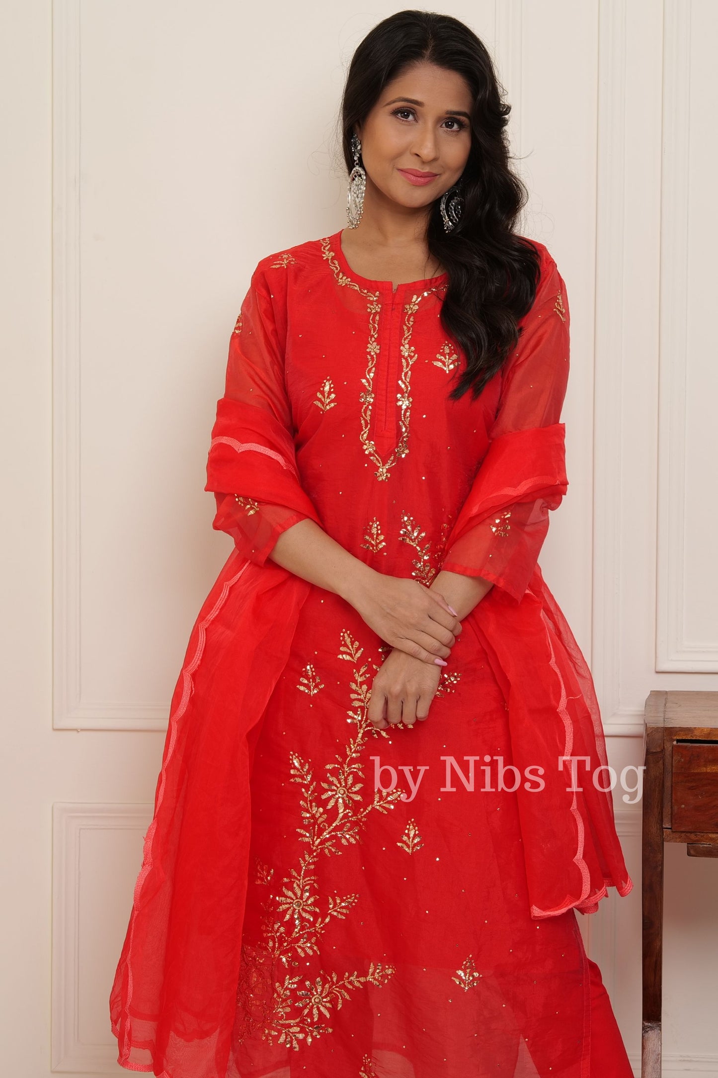 Red Organza Mukaish Chikankari Kurta Pant Set with Dupatta