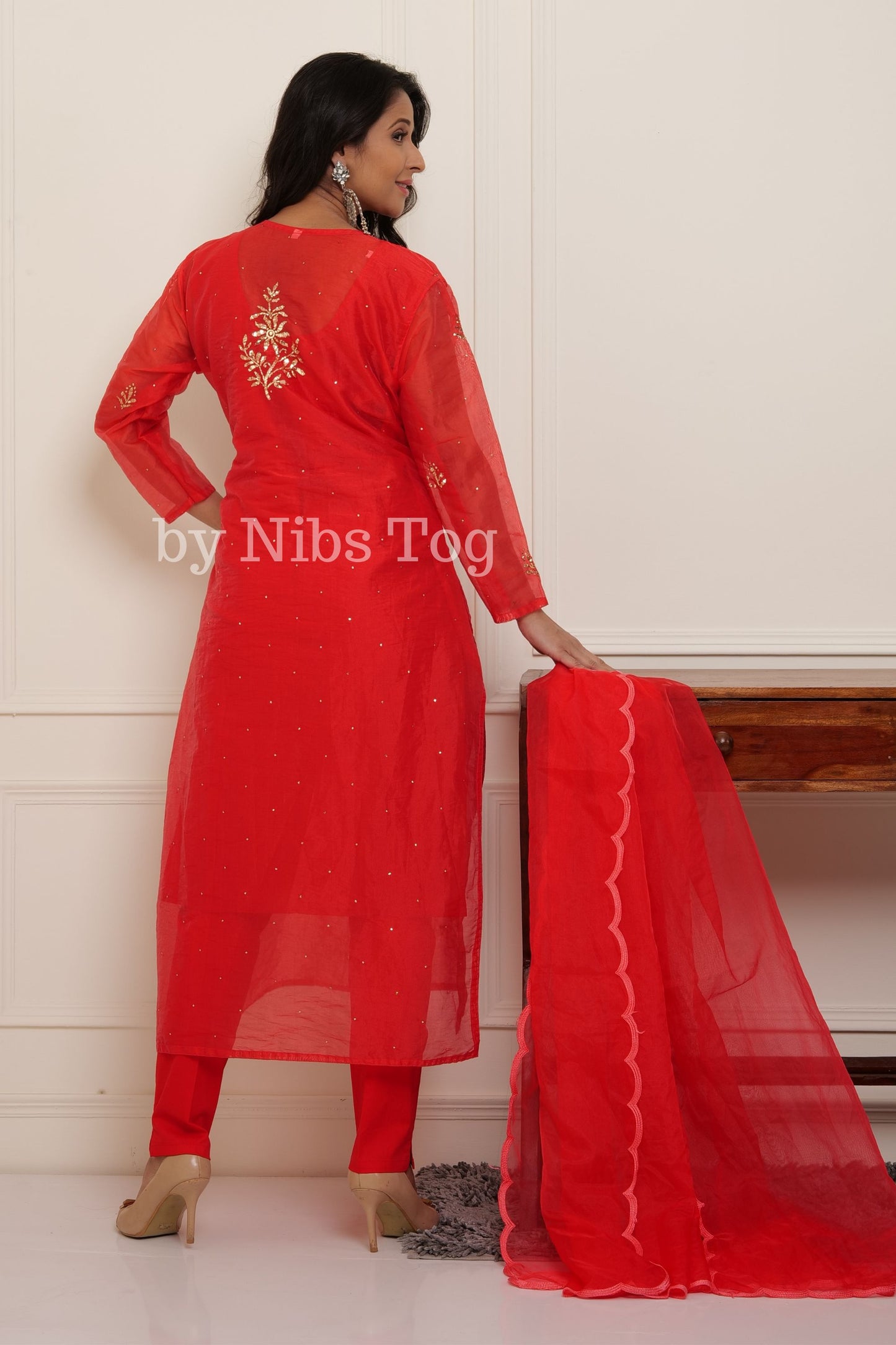 Red Organza Mukaish Chikankari Kurta Pant Set with Dupatta