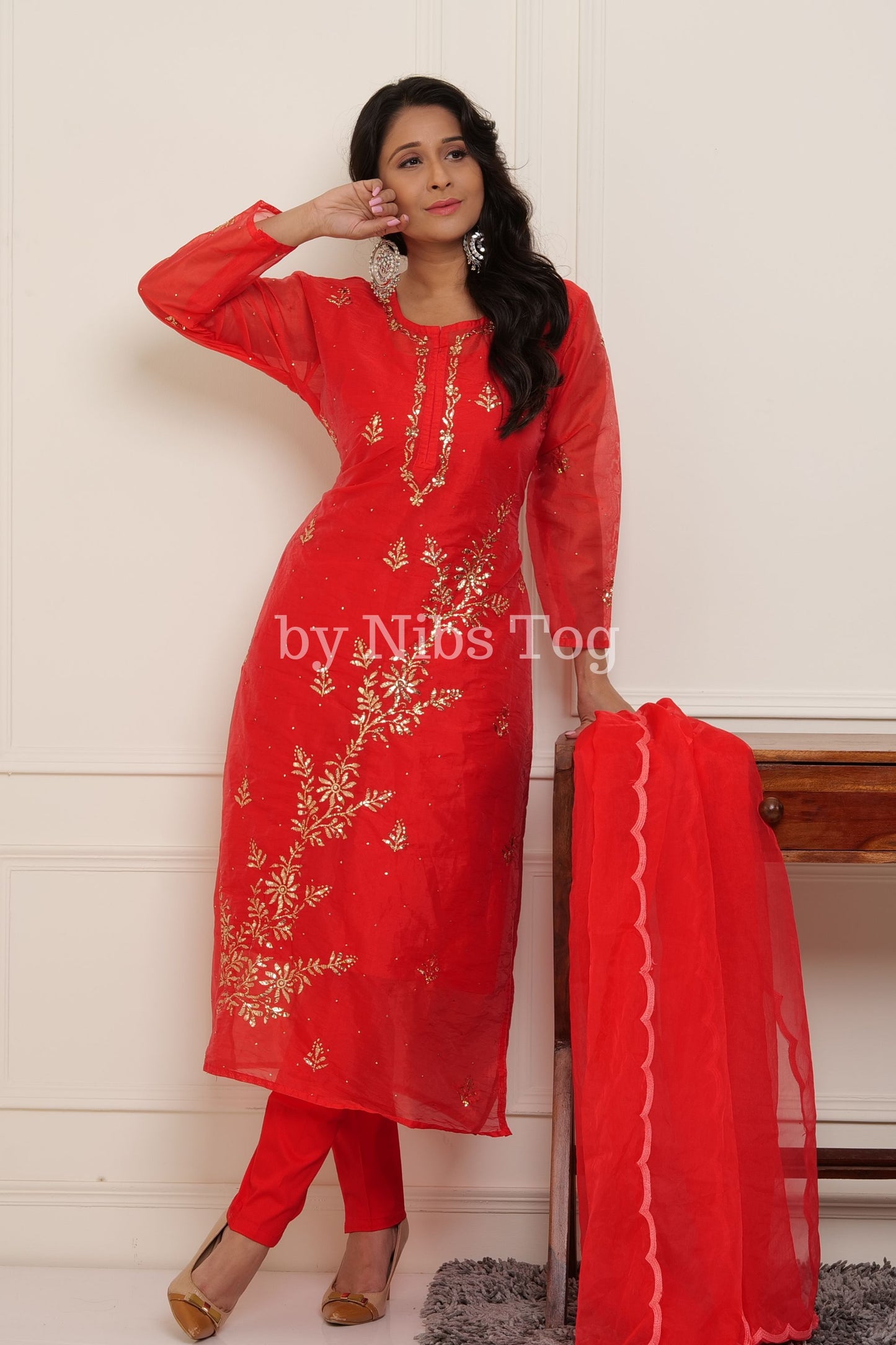 Red Organza Mukaish Chikankari Kurta Pant Set with Dupatta