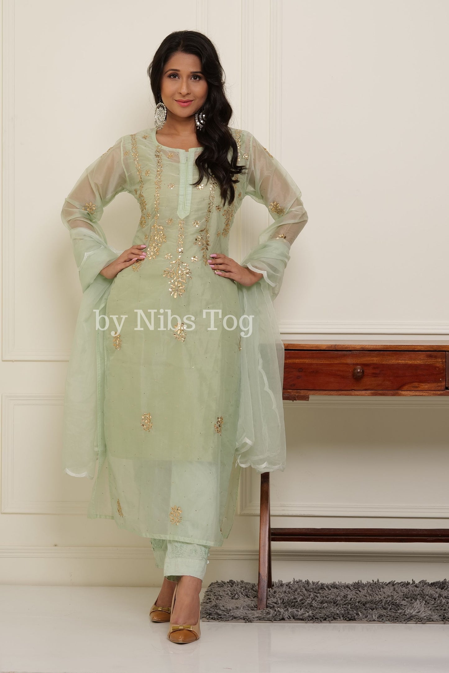 Light Green Women's Chikankari Organza Suit with Dupatta