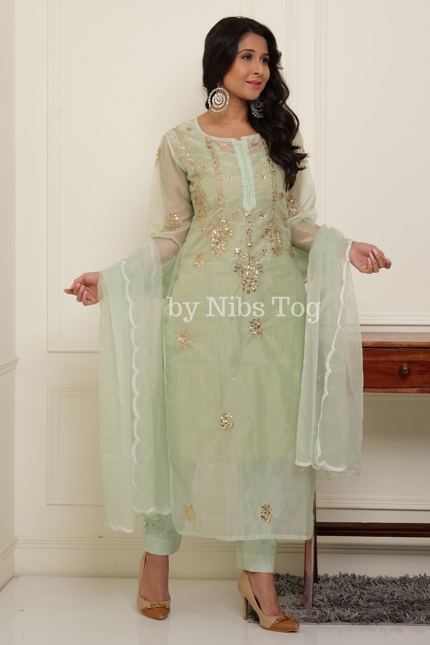 Light Green Women's Chikankari Organza Suit with Dupatta