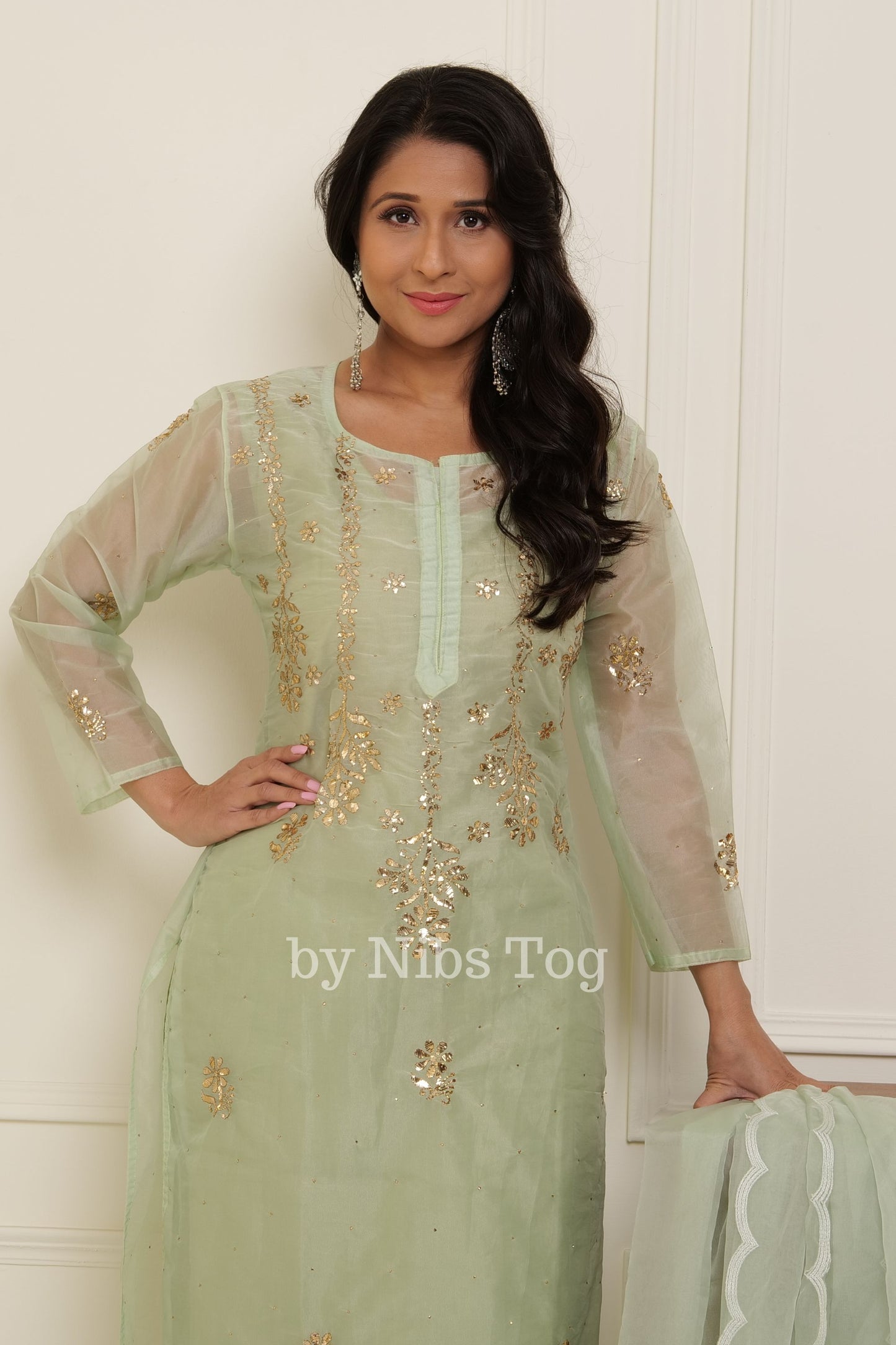 Light Green Women's Chikankari Organza Suit with Dupatta