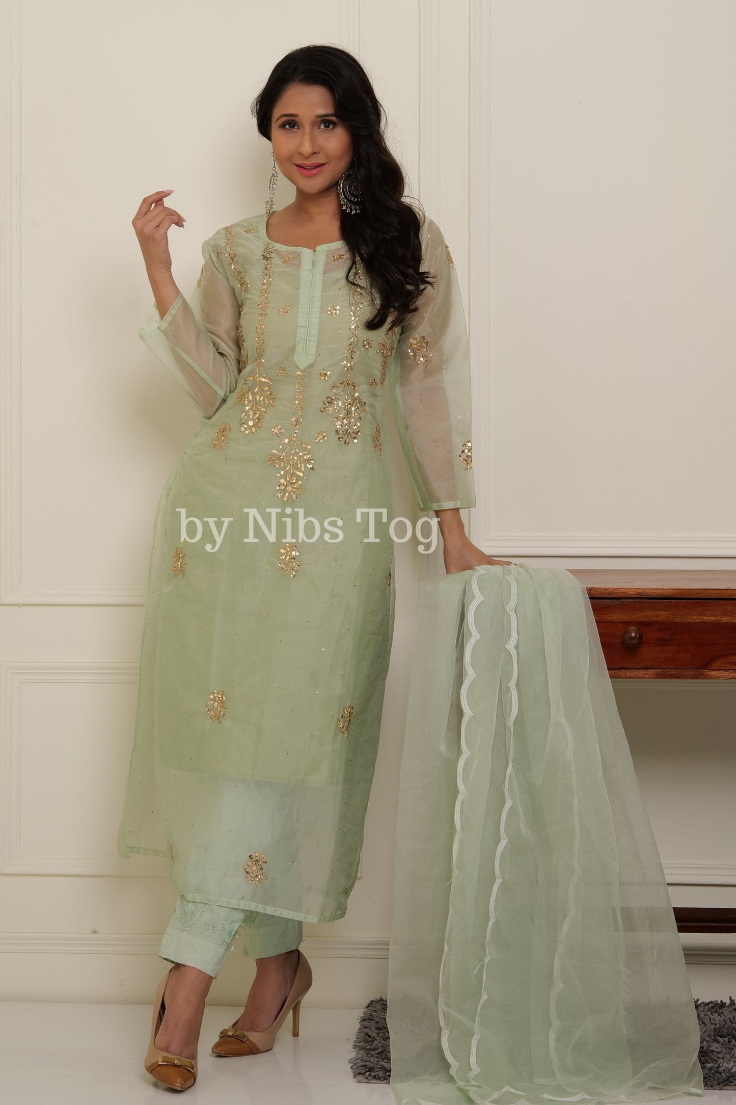 Light Green Women's Chikankari Organza Suit with Dupatta