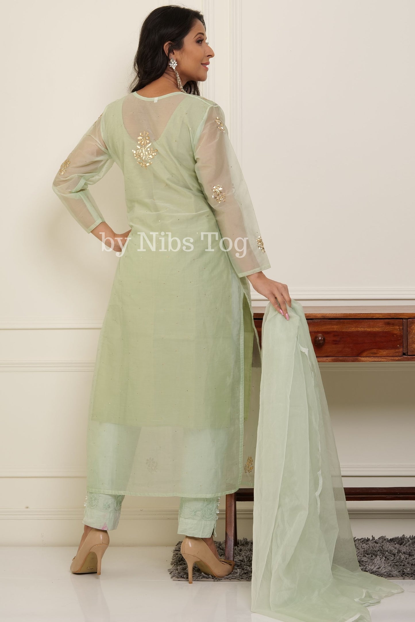 Light Green Women's Chikankari Organza Suit with Dupatta
