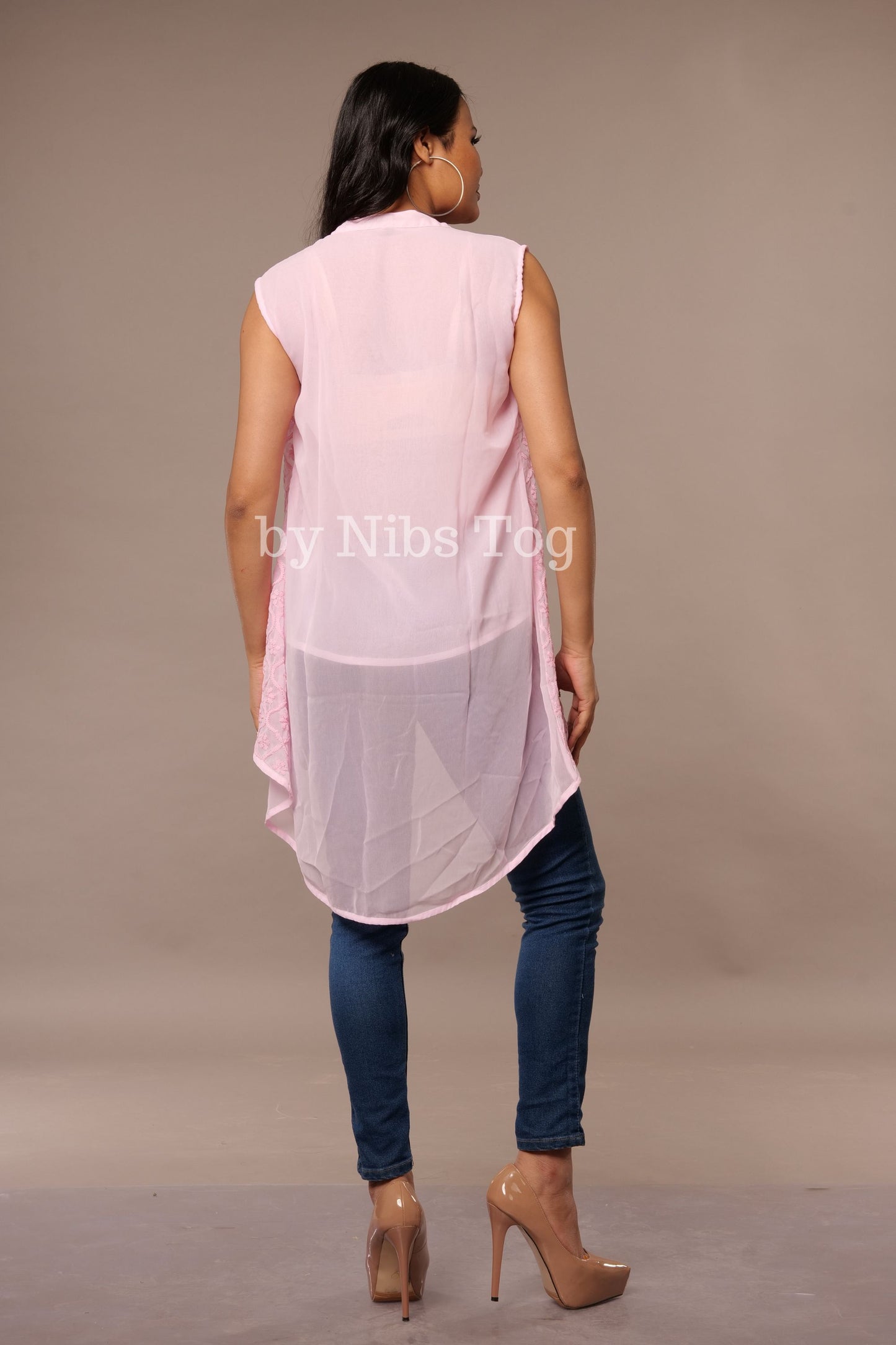 Chikankari Embroidered Pink Sleeveless Shirt for Women Georgette