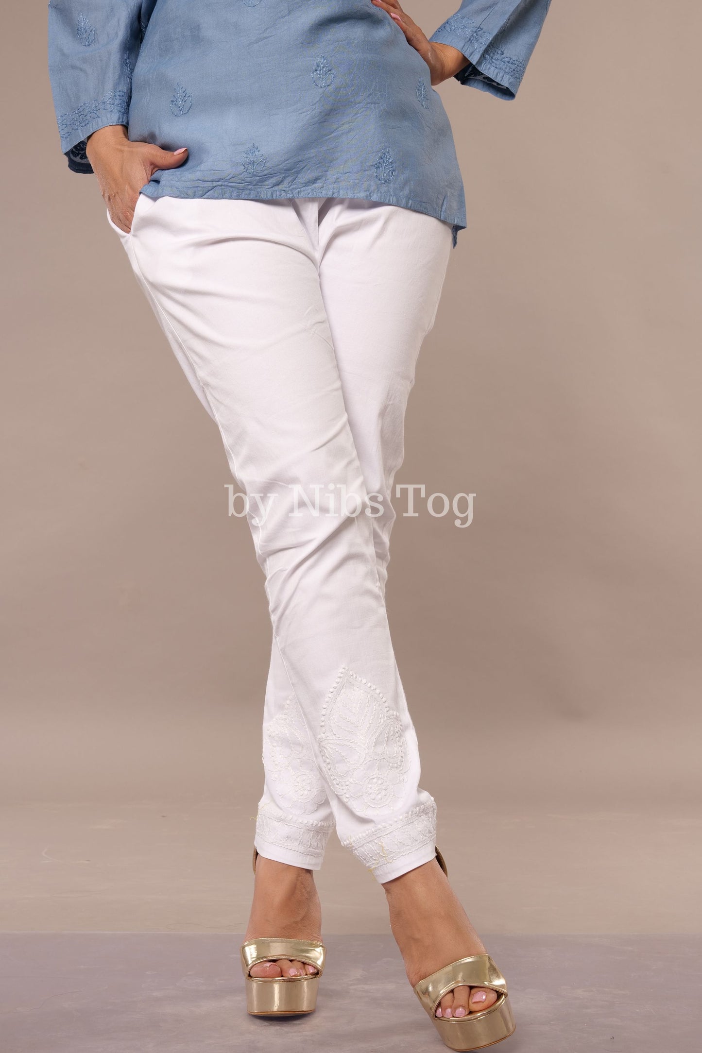 White Chikankari Pants Stretchable with Pockets
