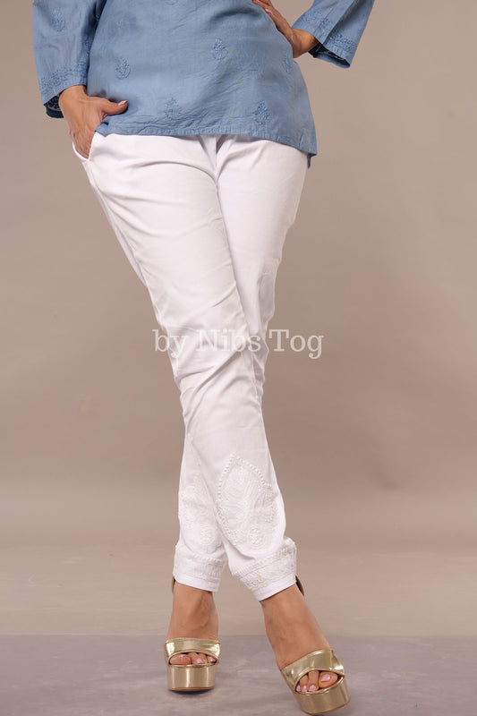 White Chikankari Pants Stretchable with Pockets