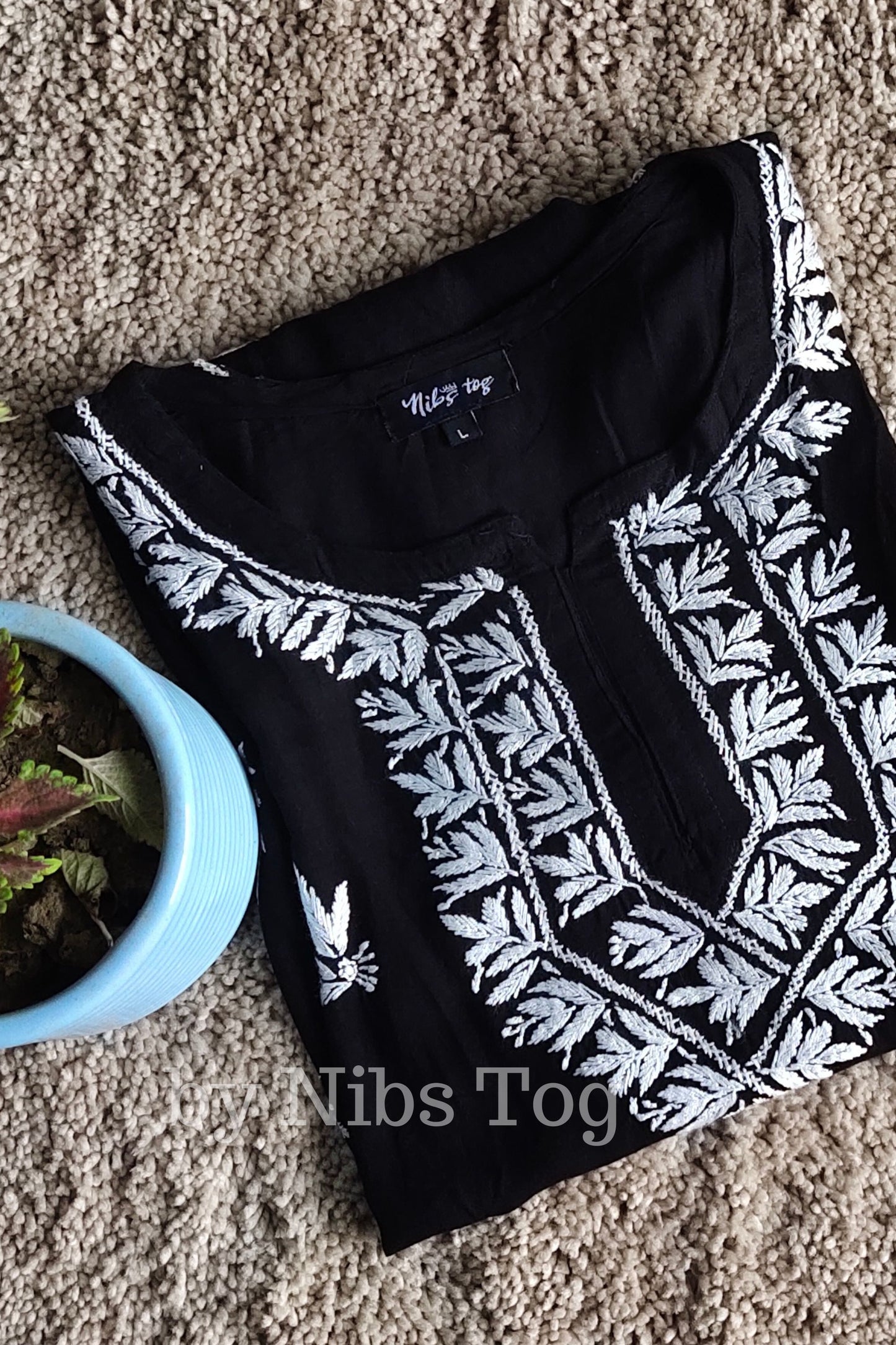 Black Rayon Cotton Chikankari Short Kurta/Top