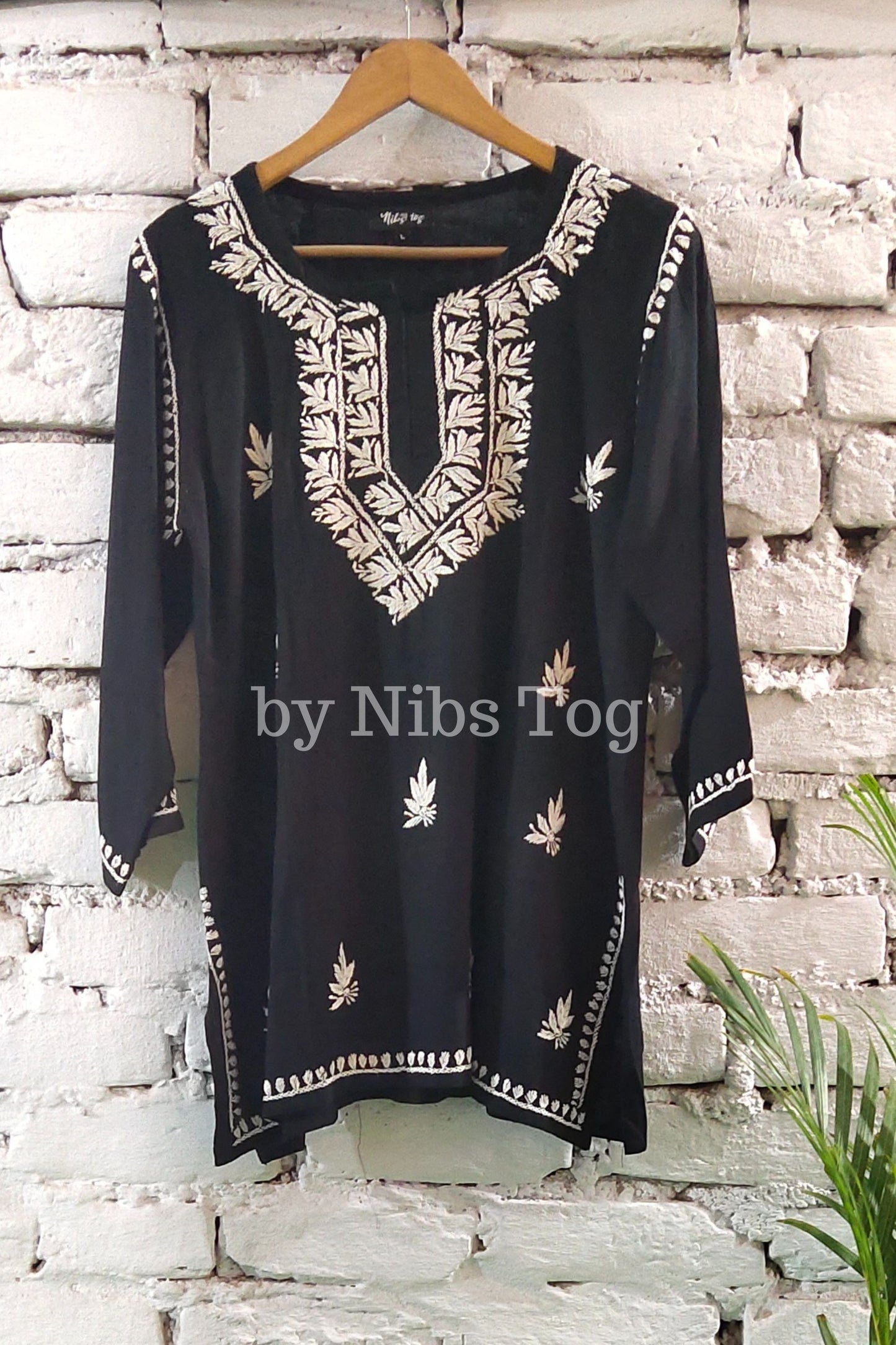 Black Rayon Cotton Chikankari Short Kurta/Top