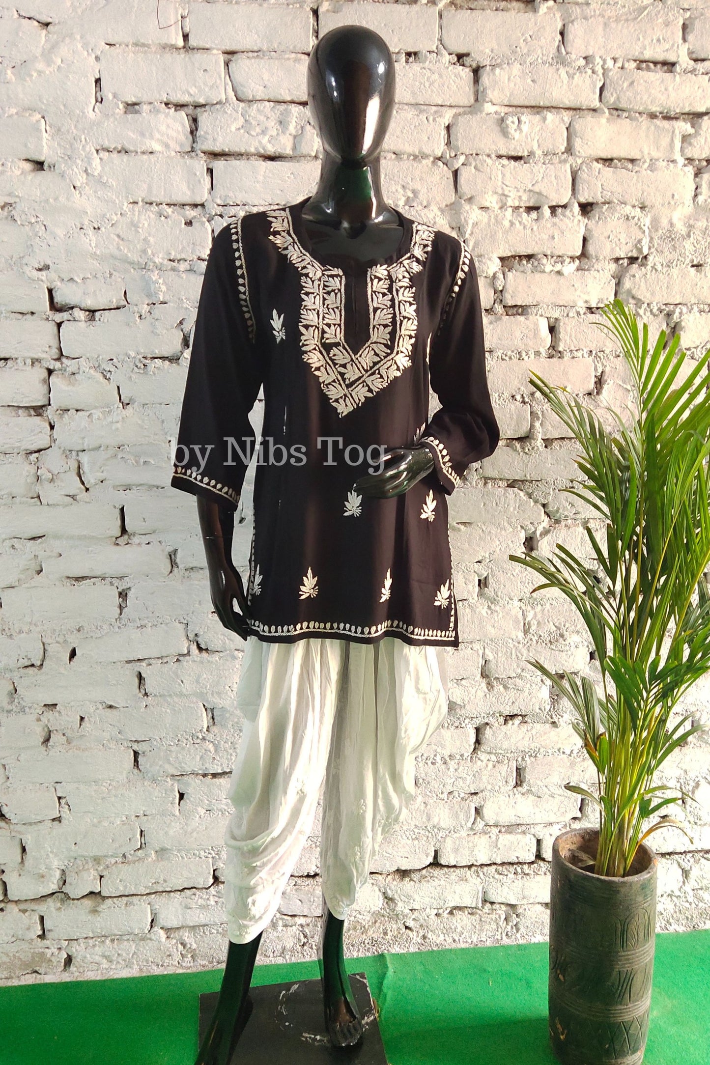 Black Rayon Cotton Chikankari Short Kurta/Top
