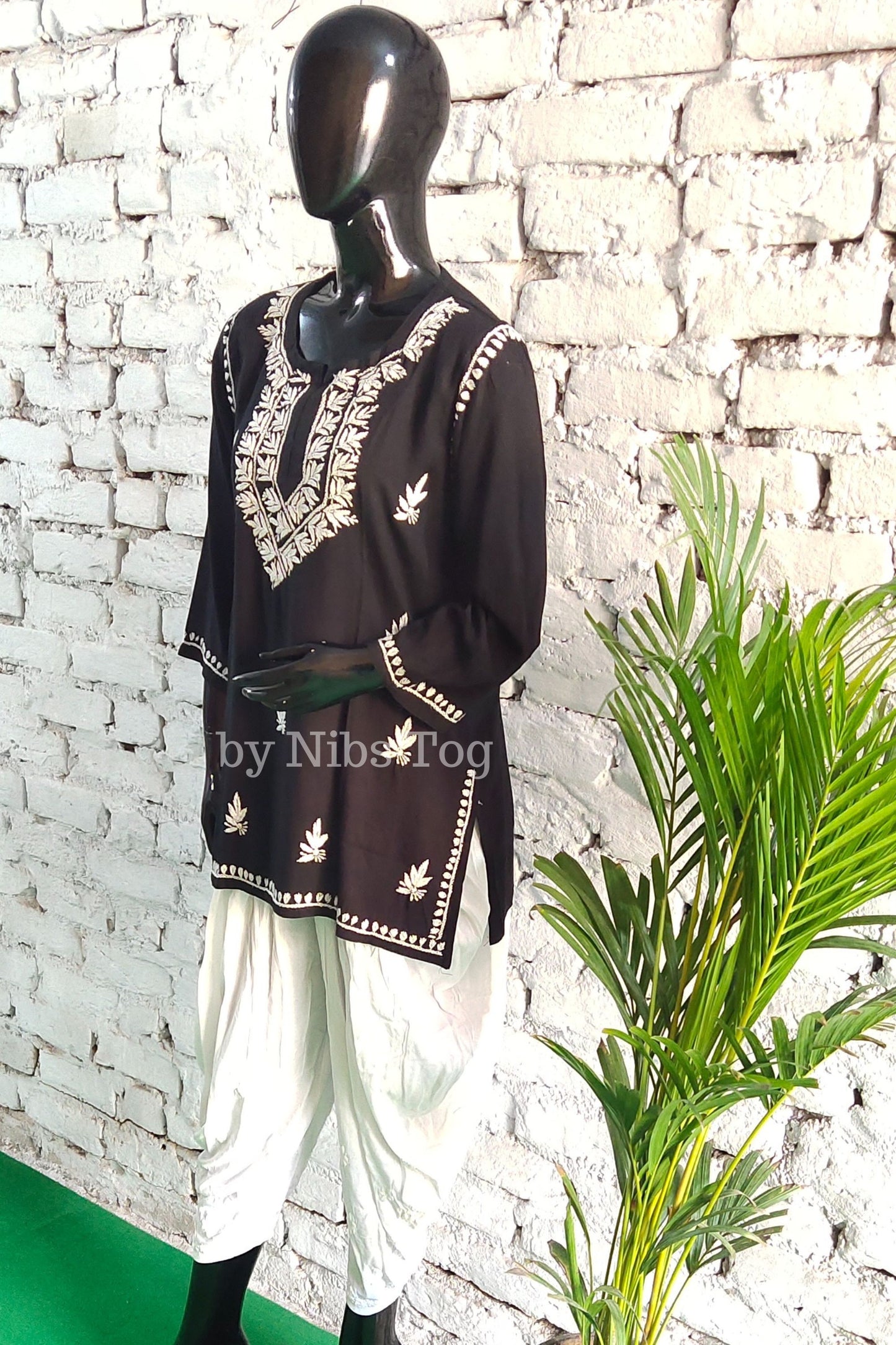 Black Rayon Cotton Chikankari Short Kurta/Top