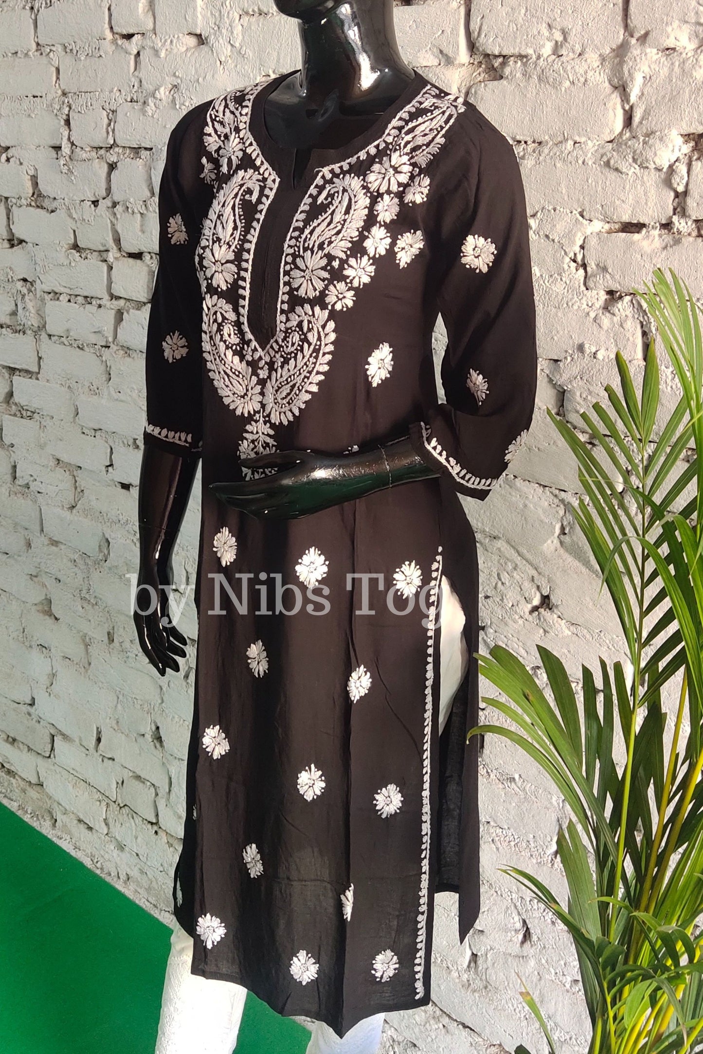 Black Long Straight Modal Cotton Chikankari Kurta for Women
