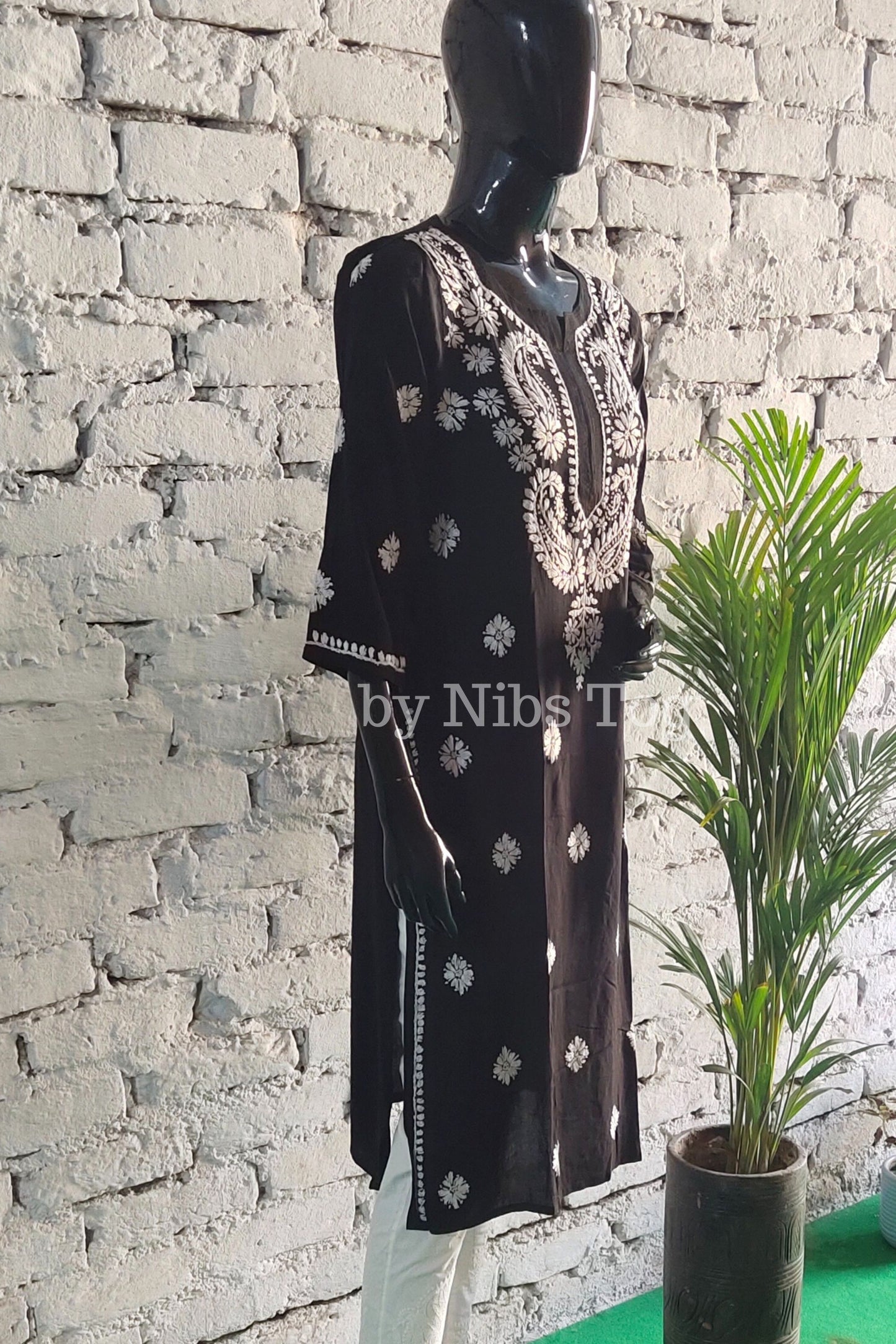 Black Long Straight Modal Cotton Chikankari Kurta for Women