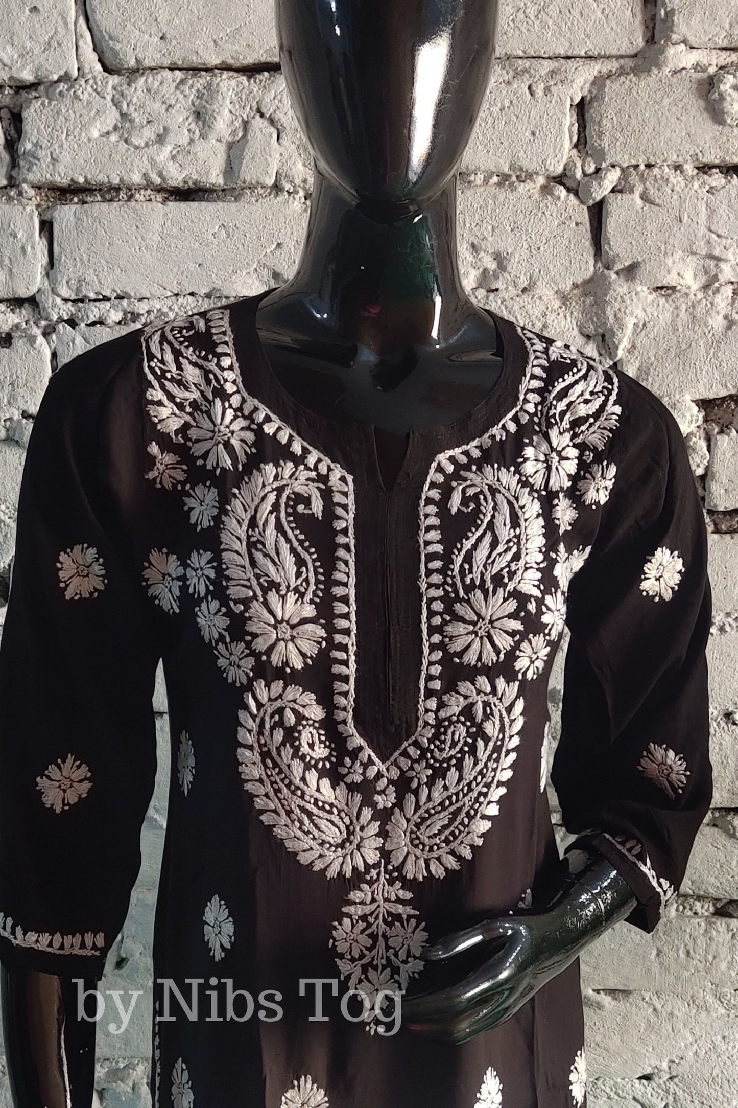 Black Long Straight Modal Cotton Chikankari Kurta for Women