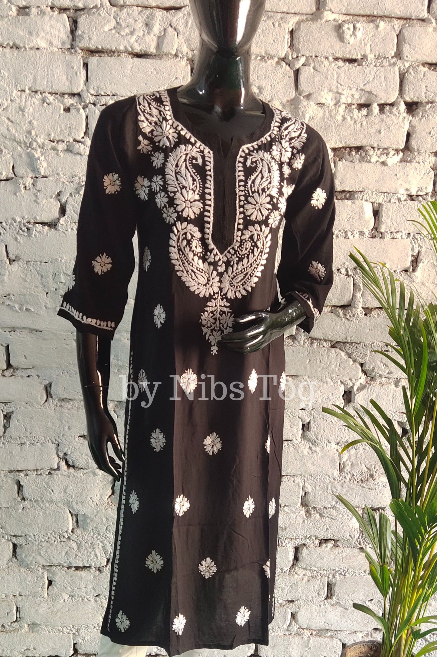 Black Long Straight Modal Cotton Chikankari Kurta for Women