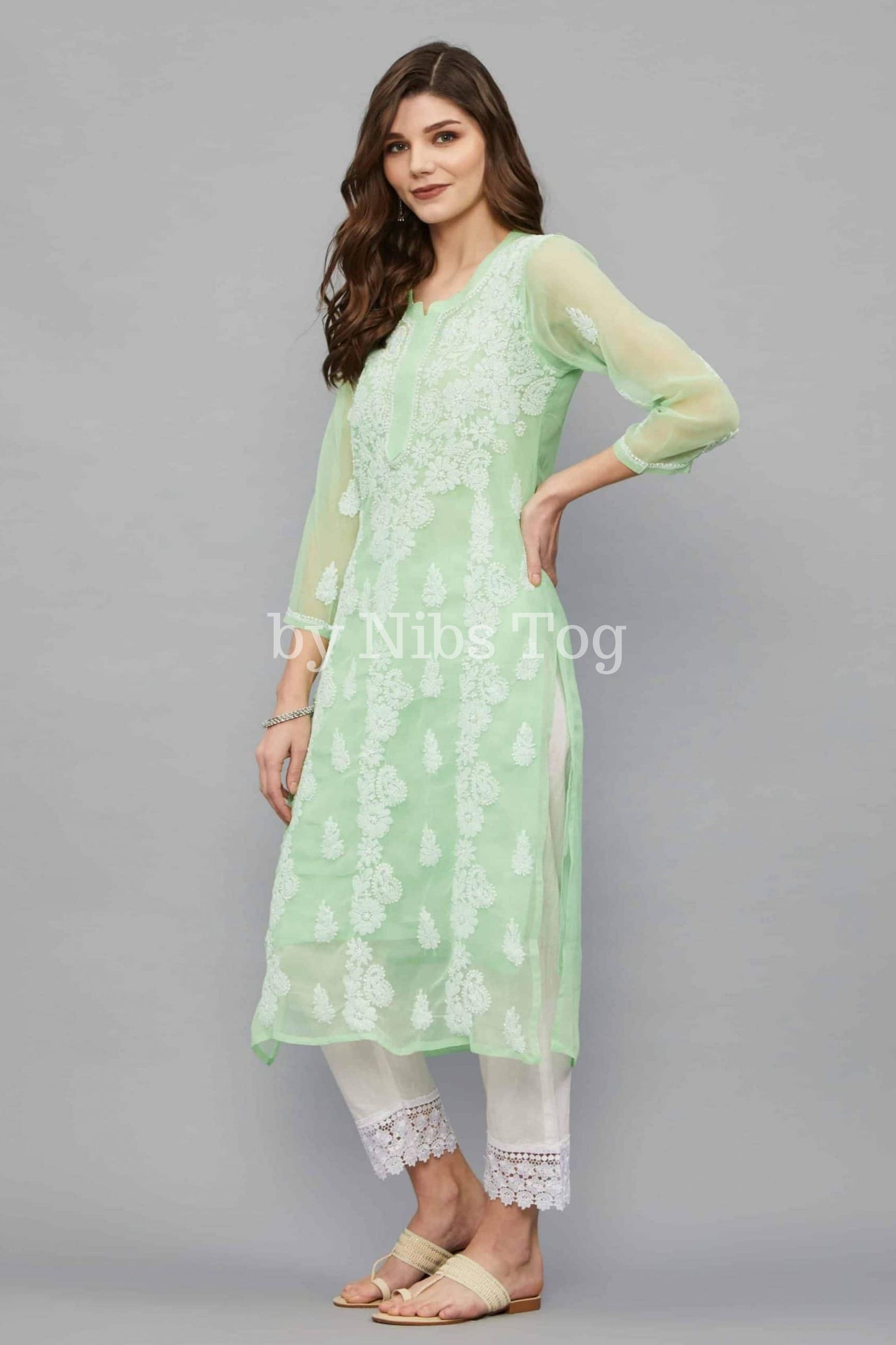 Light Green Chikankari Kurta for Women Georgette with FREE Slip