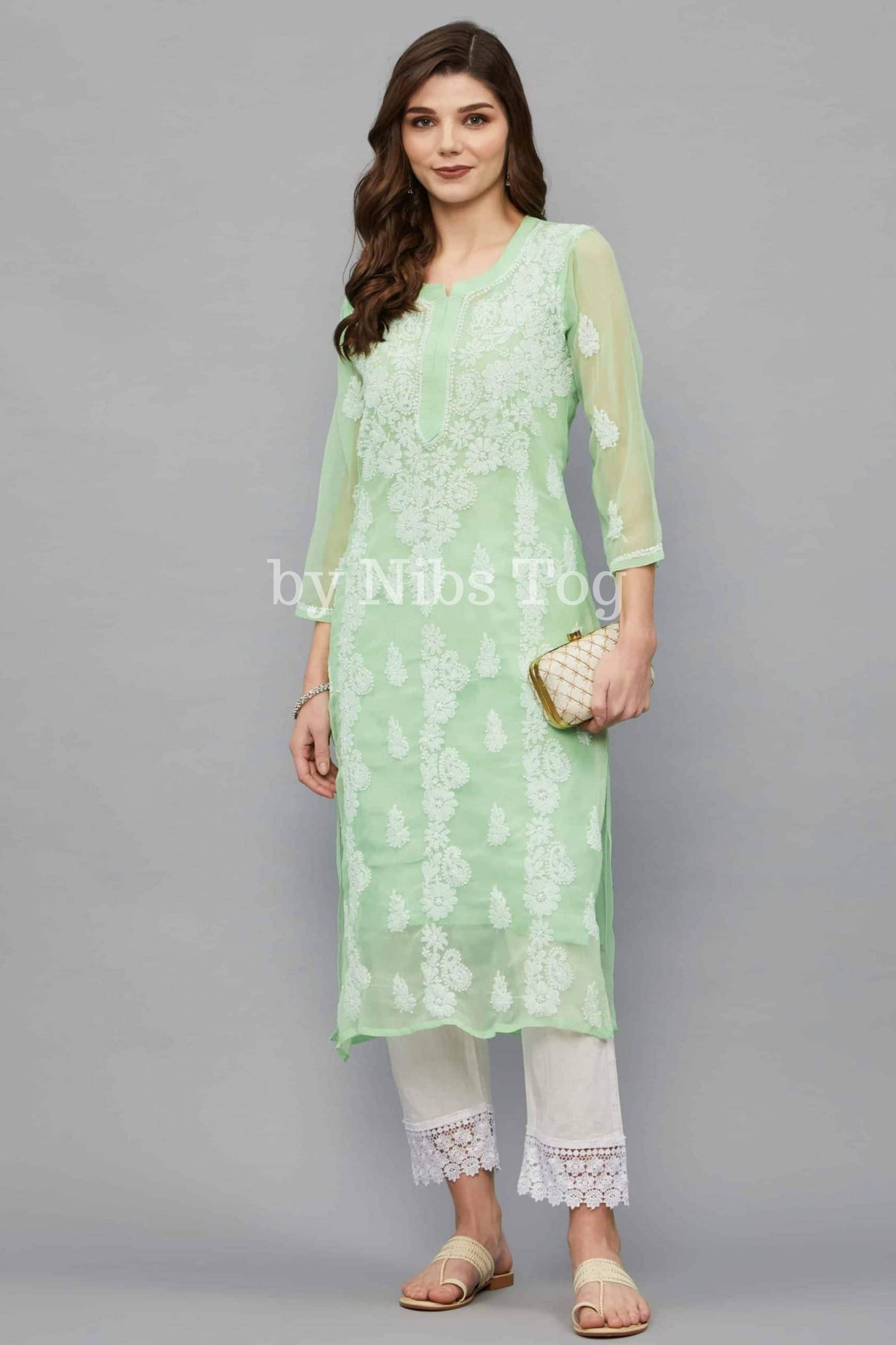 Light Green Chikankari Kurta for Women Georgette with FREE Slip