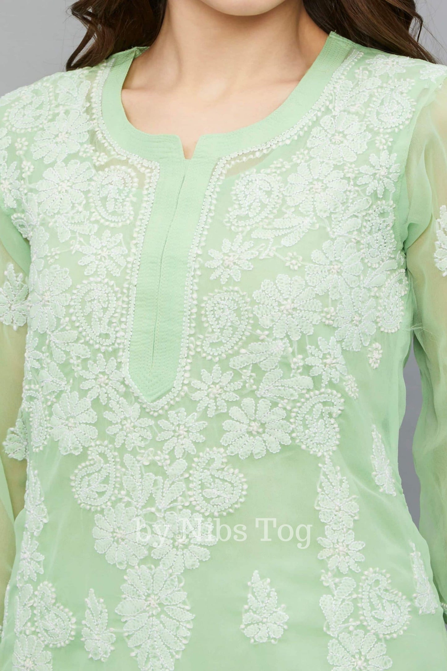 Light Green Chikankari Kurta for Women Georgette with FREE Slip