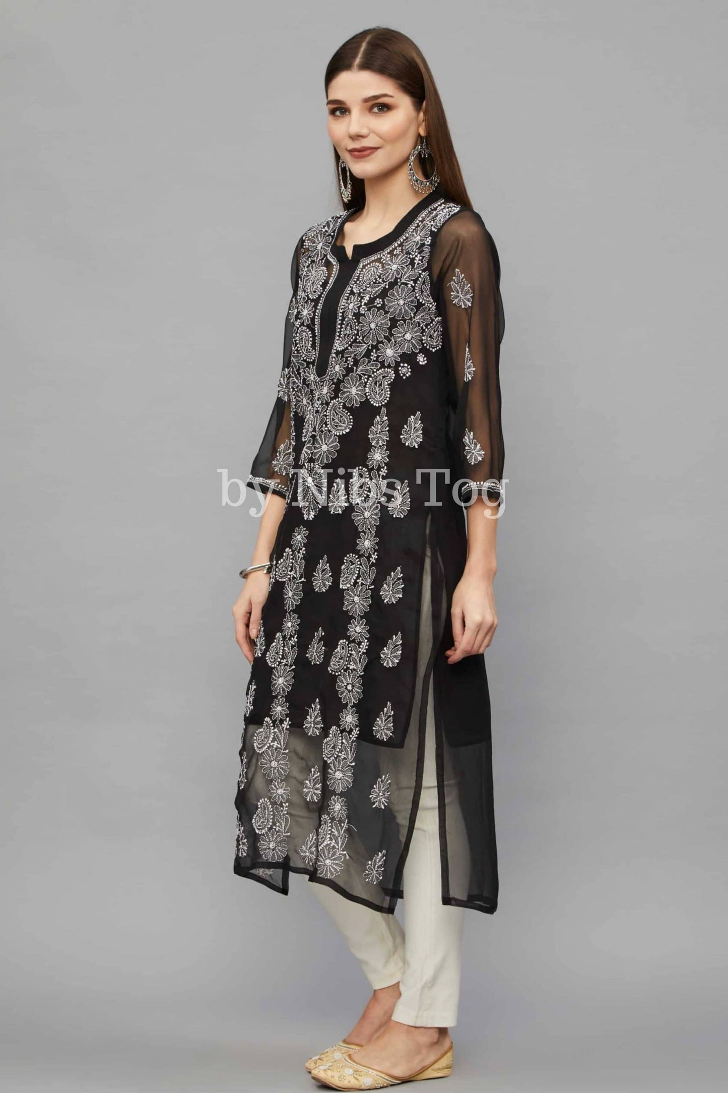 Black Chikankari Kurta for Women Georgette with FREE Slip