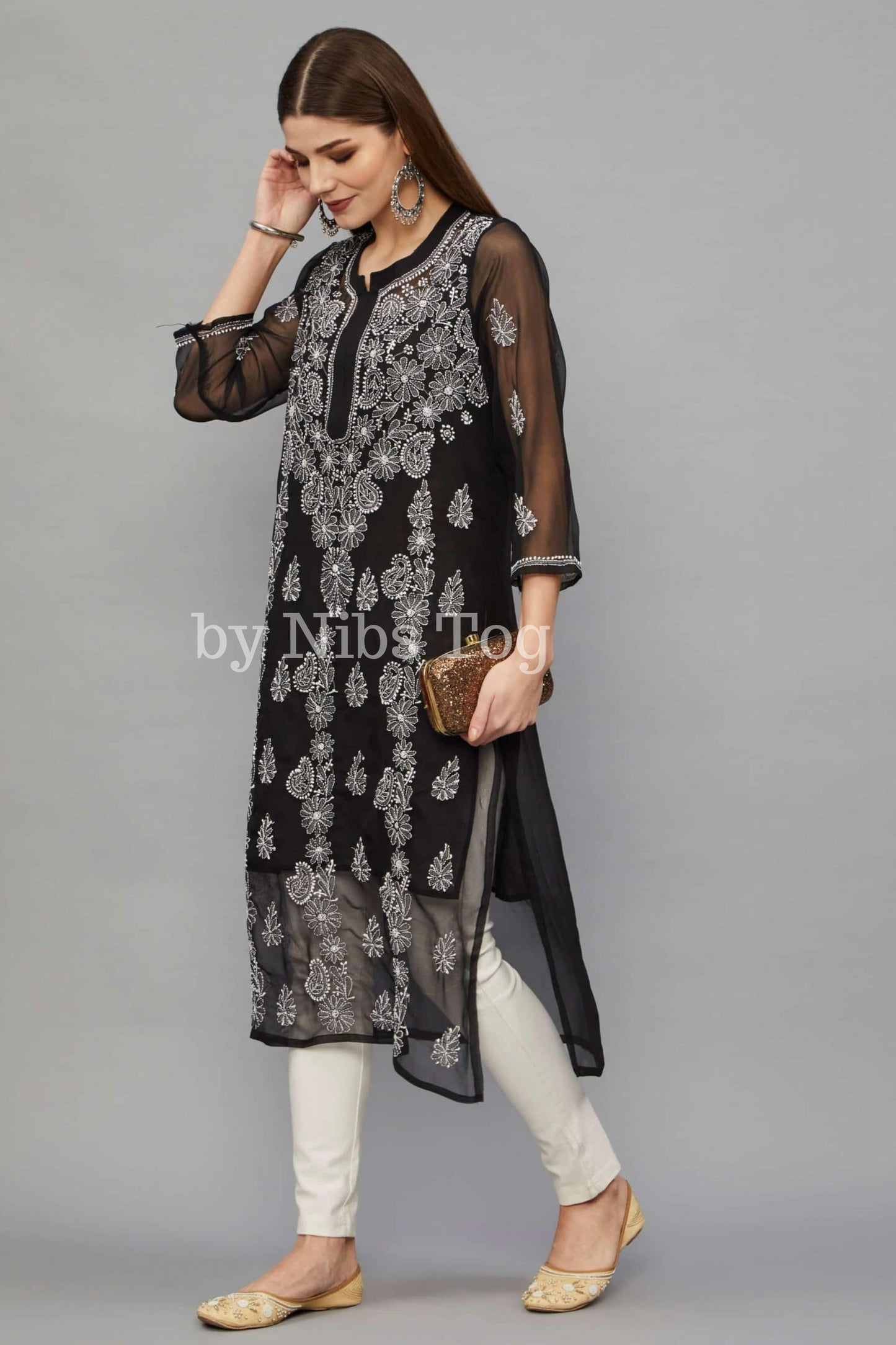 Black Chikankari Kurta for Women Georgette with FREE Slip