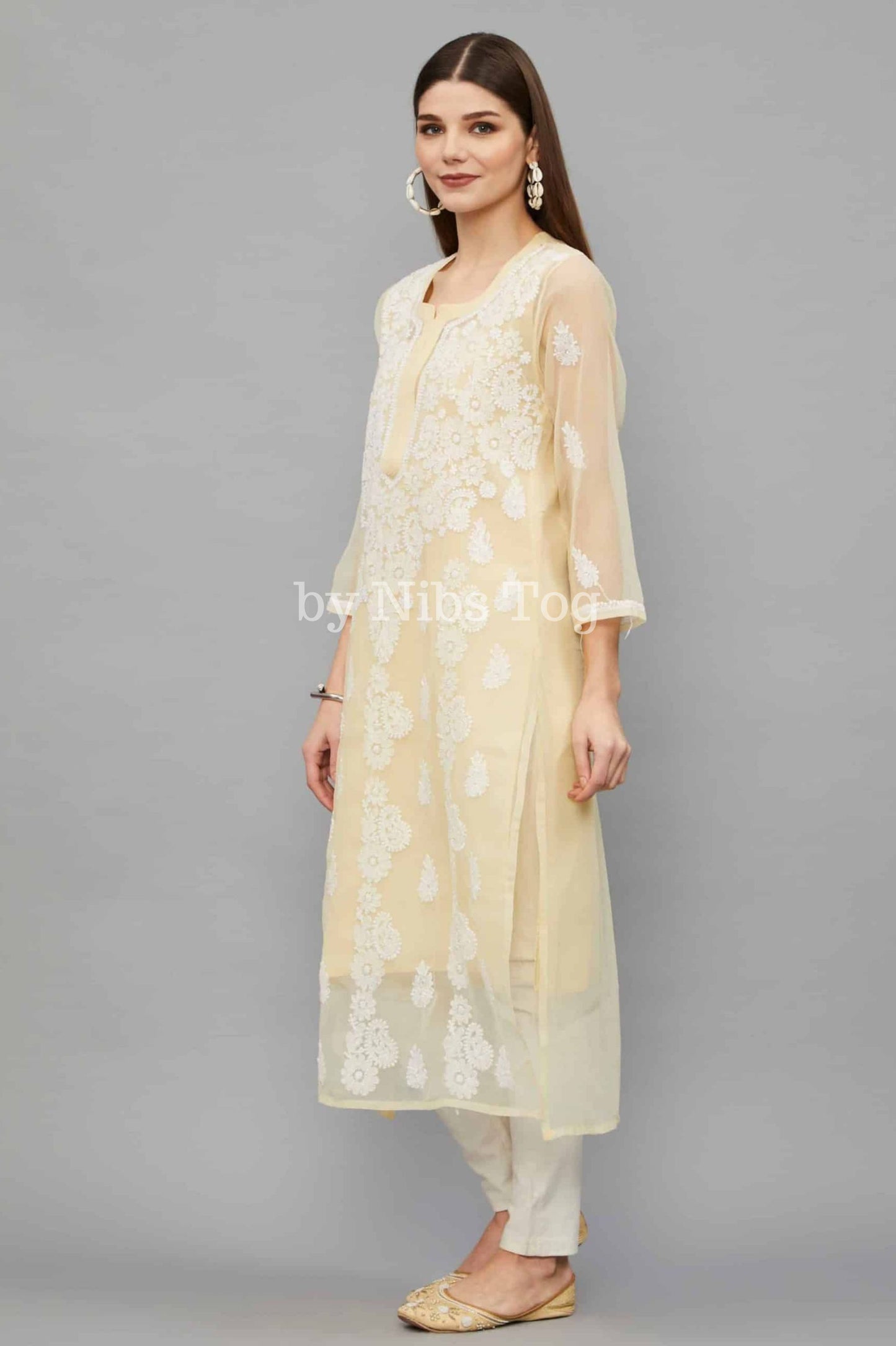 Light Beige Chikankari Kurta for Women Georgette with Slip
