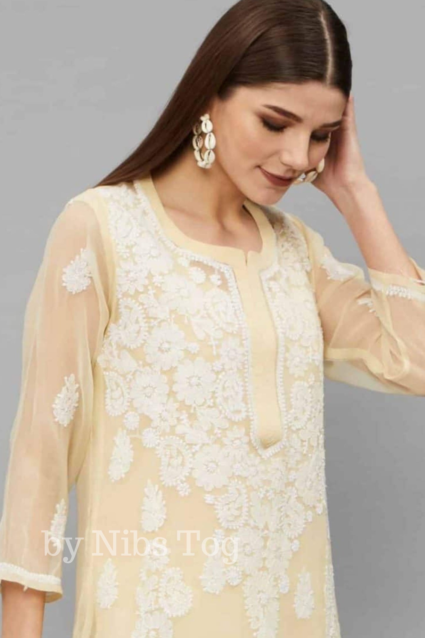 Light Beige Chikankari Kurta for Women Georgette with Slip