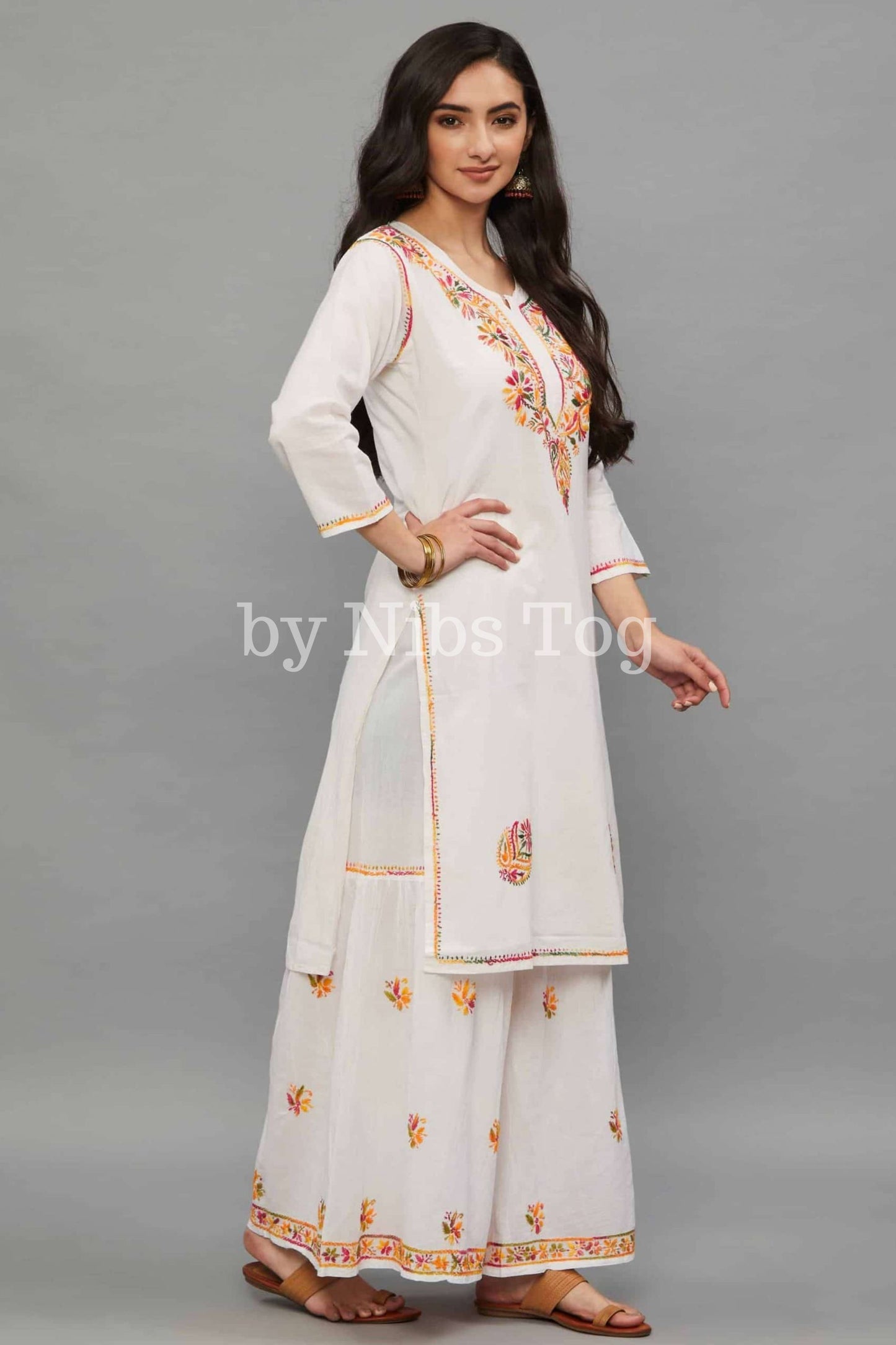 White Cotton Chikankari Kurta Garara Set for Women