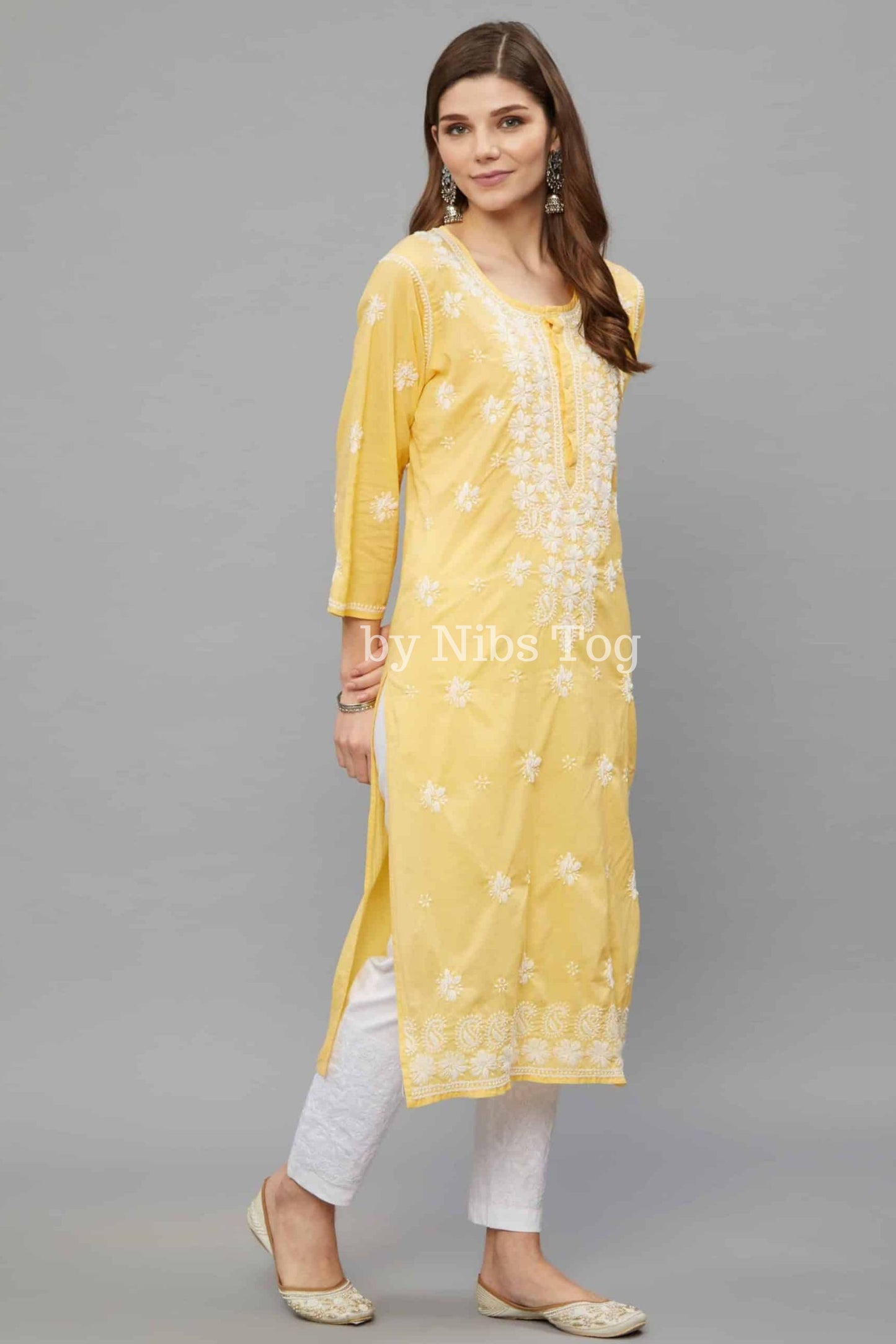 Women’s Lucknowi Chikankari Hand Embroidered Straight Cotton Kurti Yellow