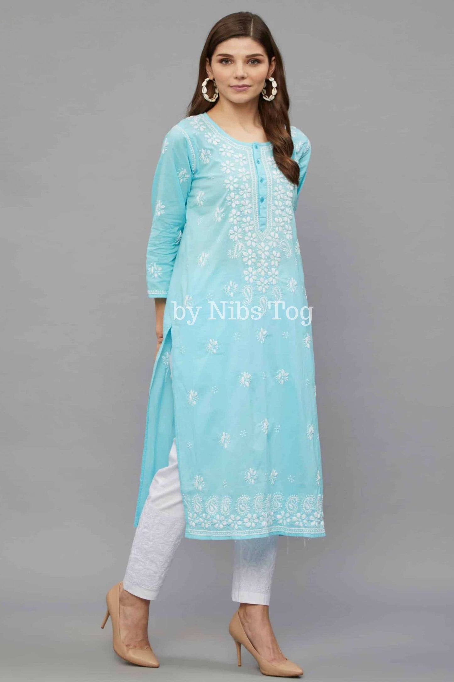 Women’s Lucknowi Chikankari Hand Embroidered Straight Cotton Kurti Sky Blue
