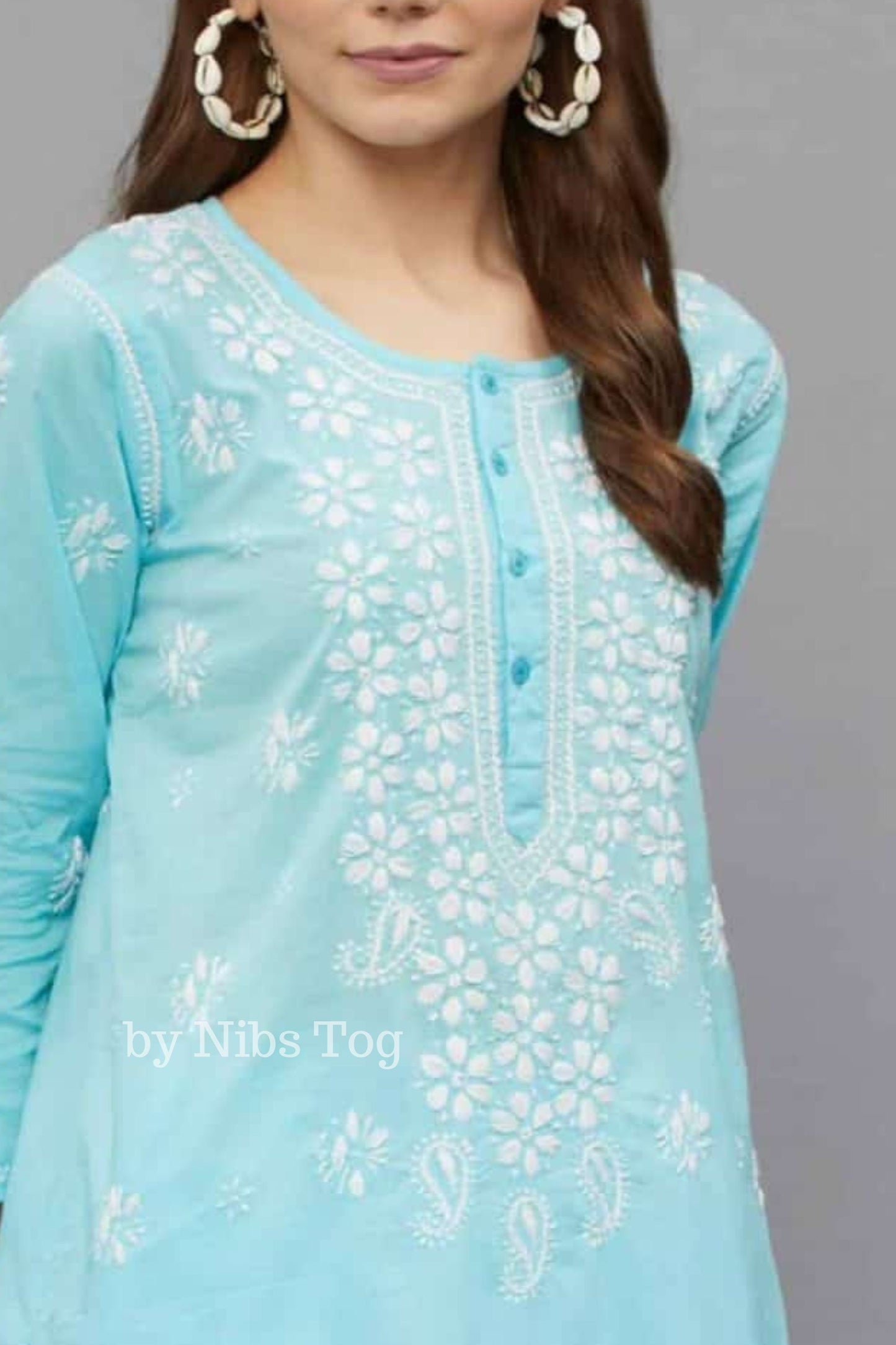 Women’s Lucknowi Chikankari Hand Embroidered Straight Cotton Kurti Sky Blue