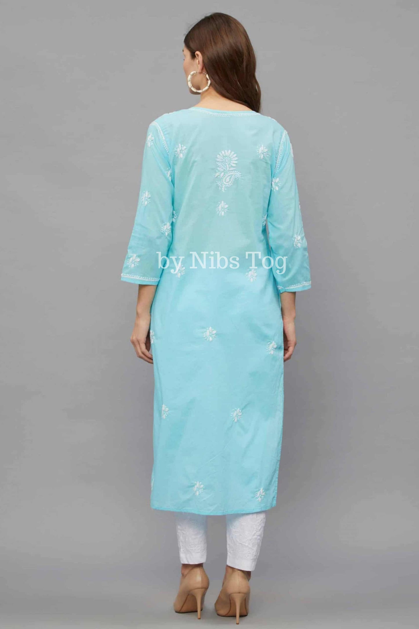 Women’s Lucknowi Chikankari Hand Embroidered Straight Cotton Kurti Sky Blue