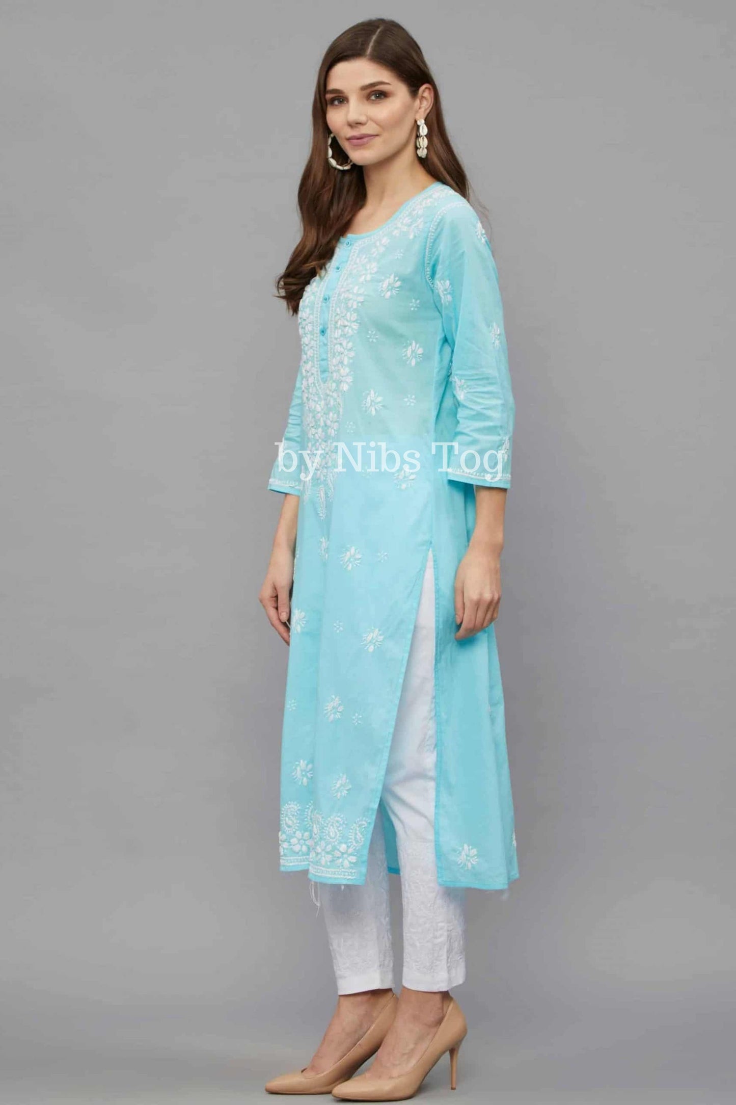 Women’s Lucknowi Chikankari Hand Embroidered Straight Cotton Kurti Sky Blue