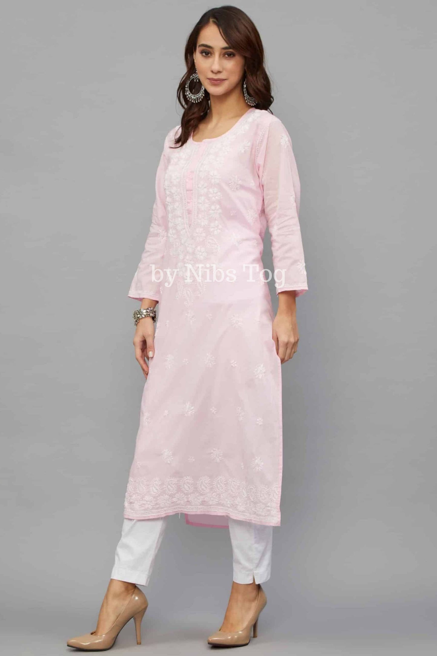 Women’s Lucknowi Chikankari Hand Embroidered Straight Cotton Kurti Pink