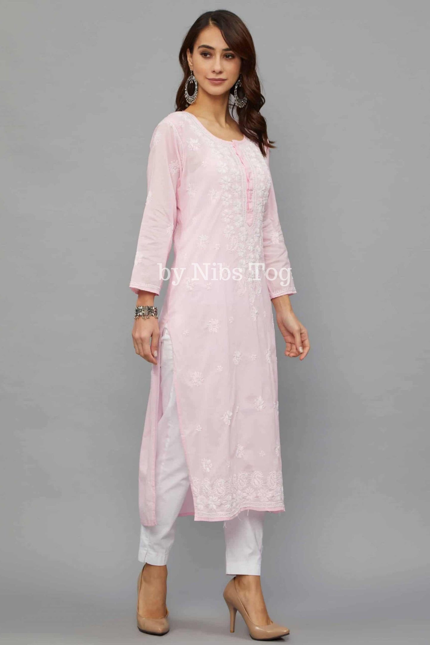Women’s Lucknowi Chikankari Hand Embroidered Straight Cotton Kurti Pink
