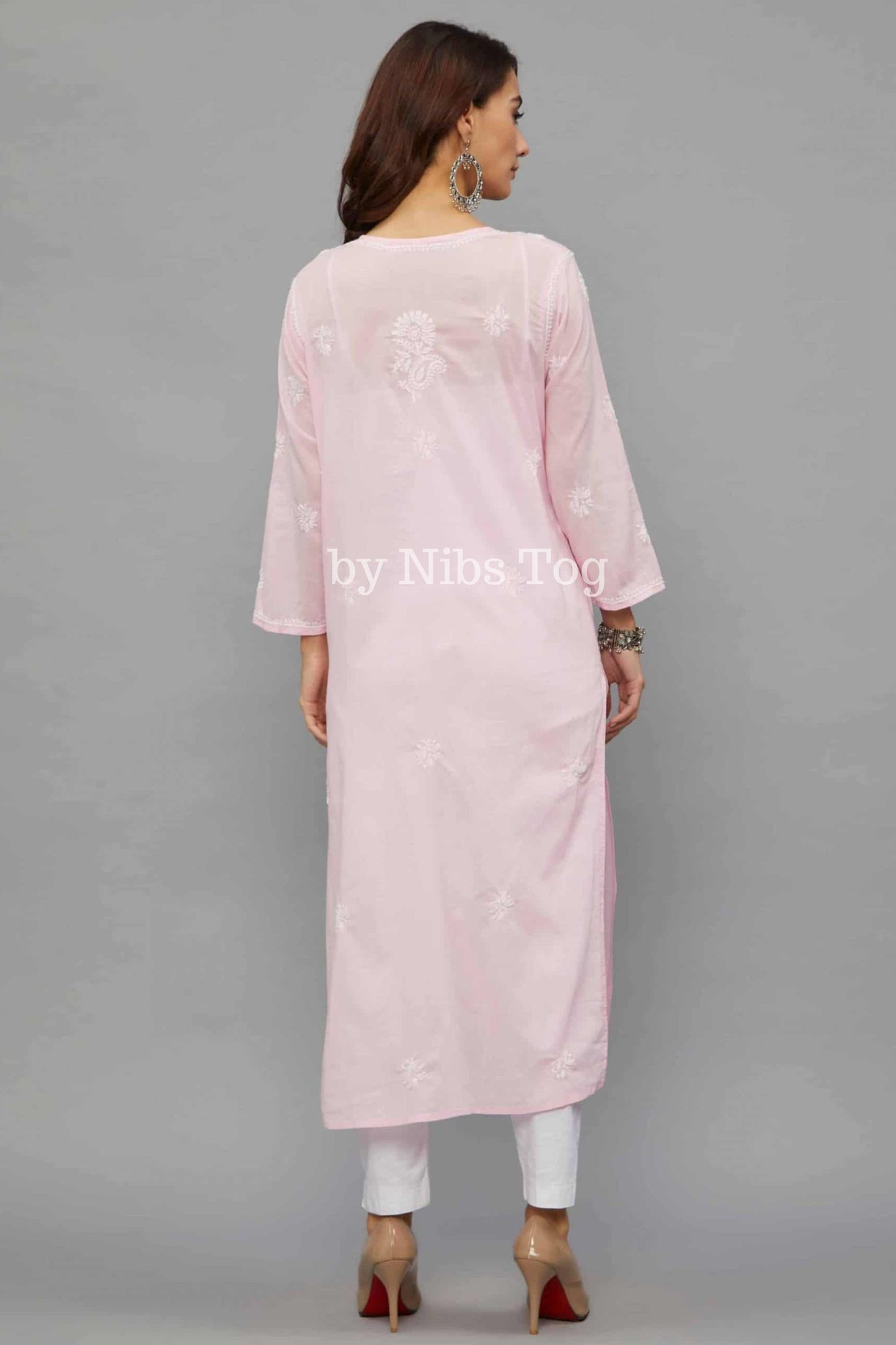 Women’s Lucknowi Chikankari Hand Embroidered Straight Cotton Kurti Pink