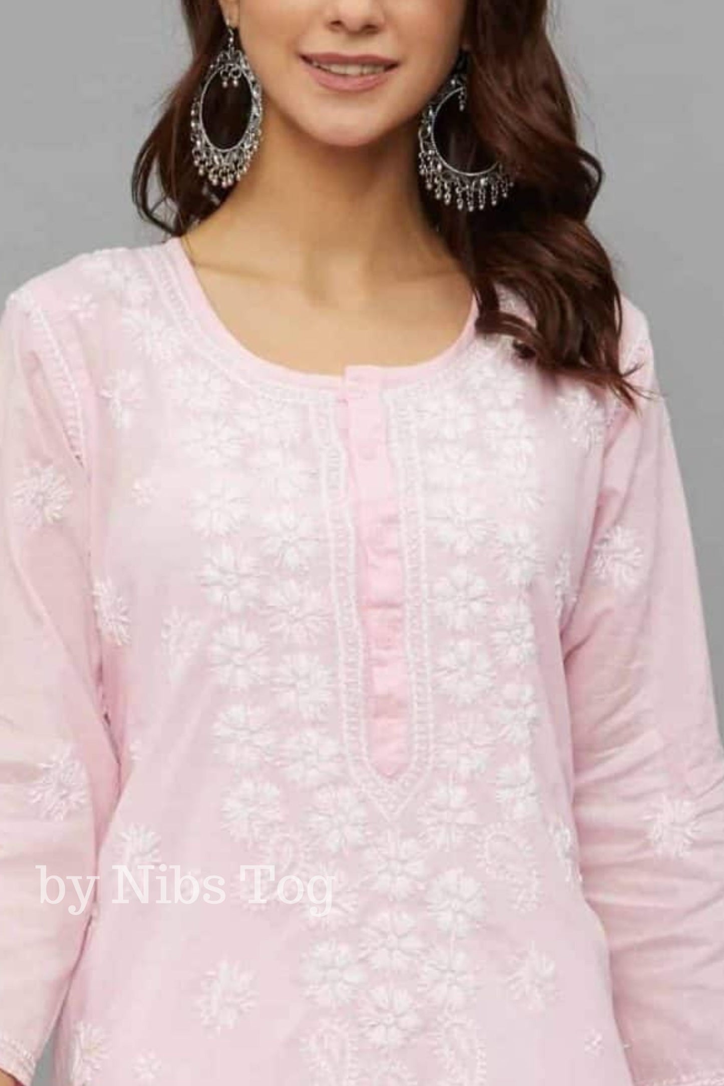 Women’s Lucknowi Chikankari Hand Embroidered Straight Cotton Kurti Pink