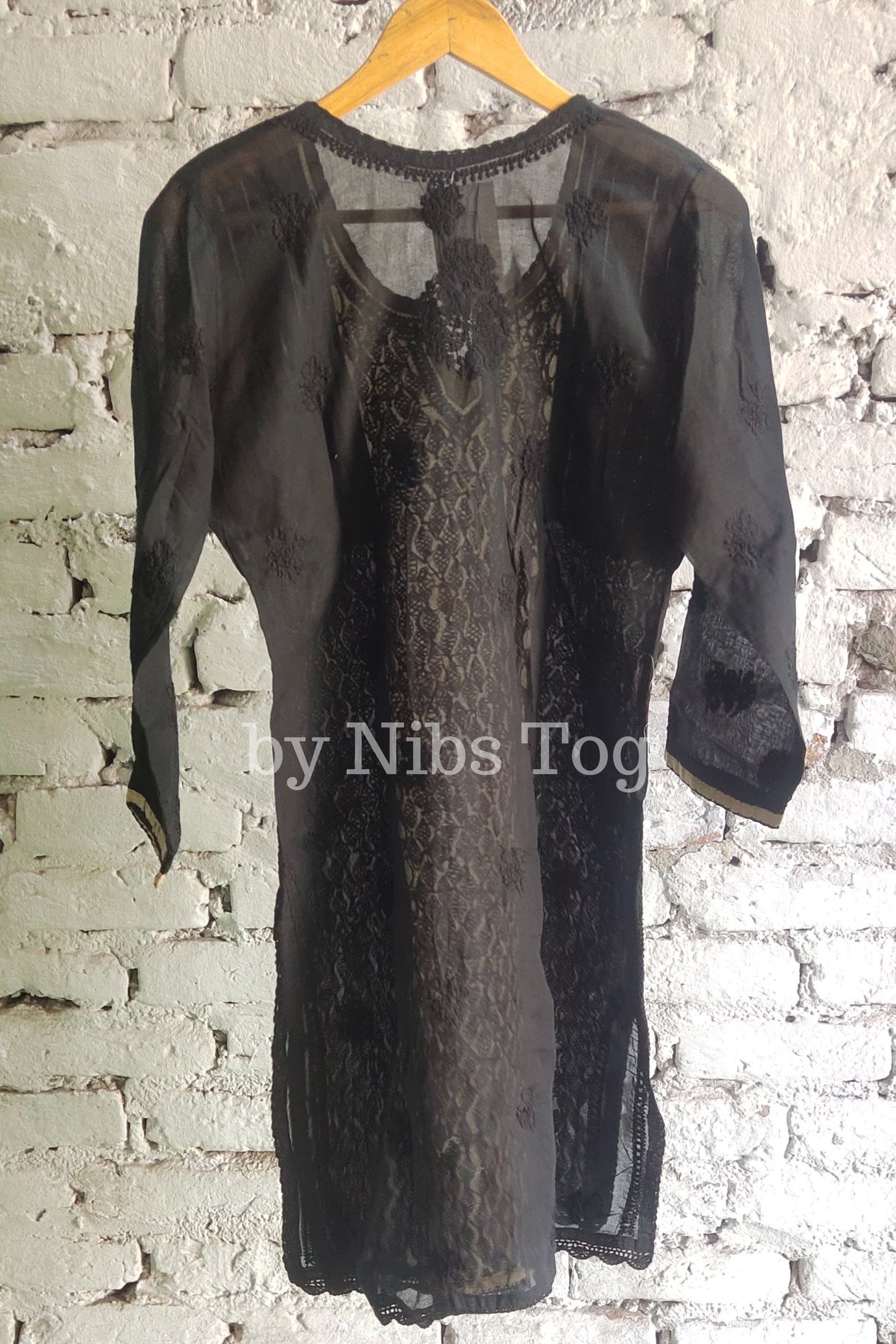 Black Pure Cotton Chikankari Kurta Knee Length Large