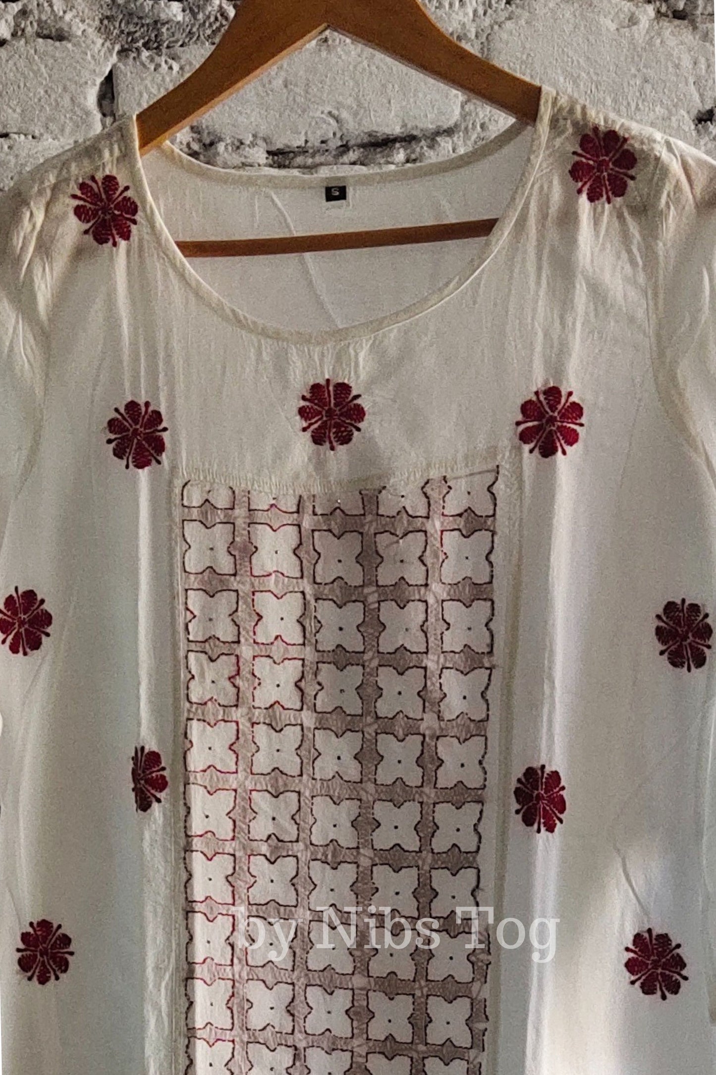 Cotton Chikankari Kurta A Line White and Maroon Medium