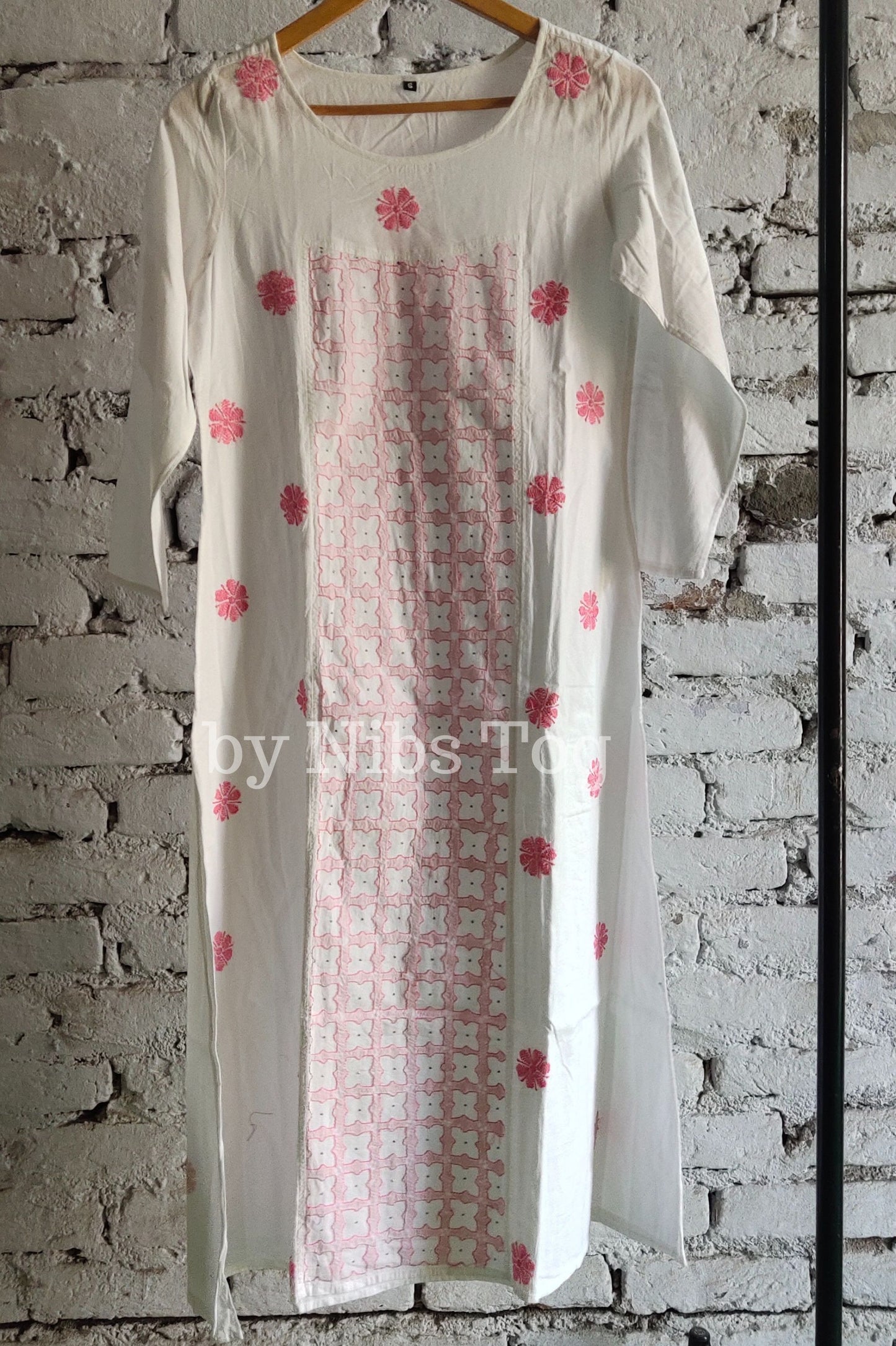 Cotton Chikankari Kurta A Line White and Pink Medium