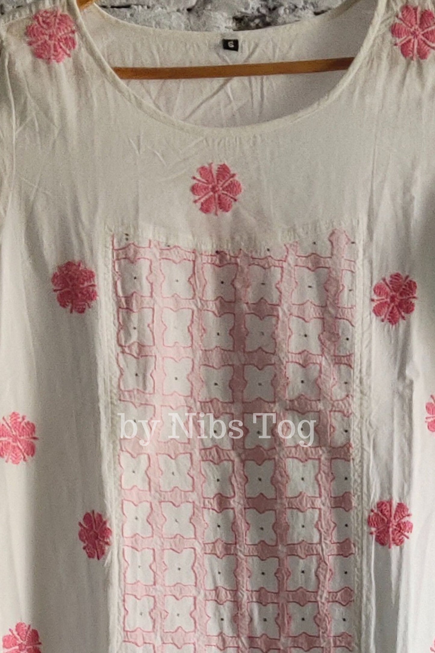 Cotton Chikankari Kurta A Line White and Pink Medium