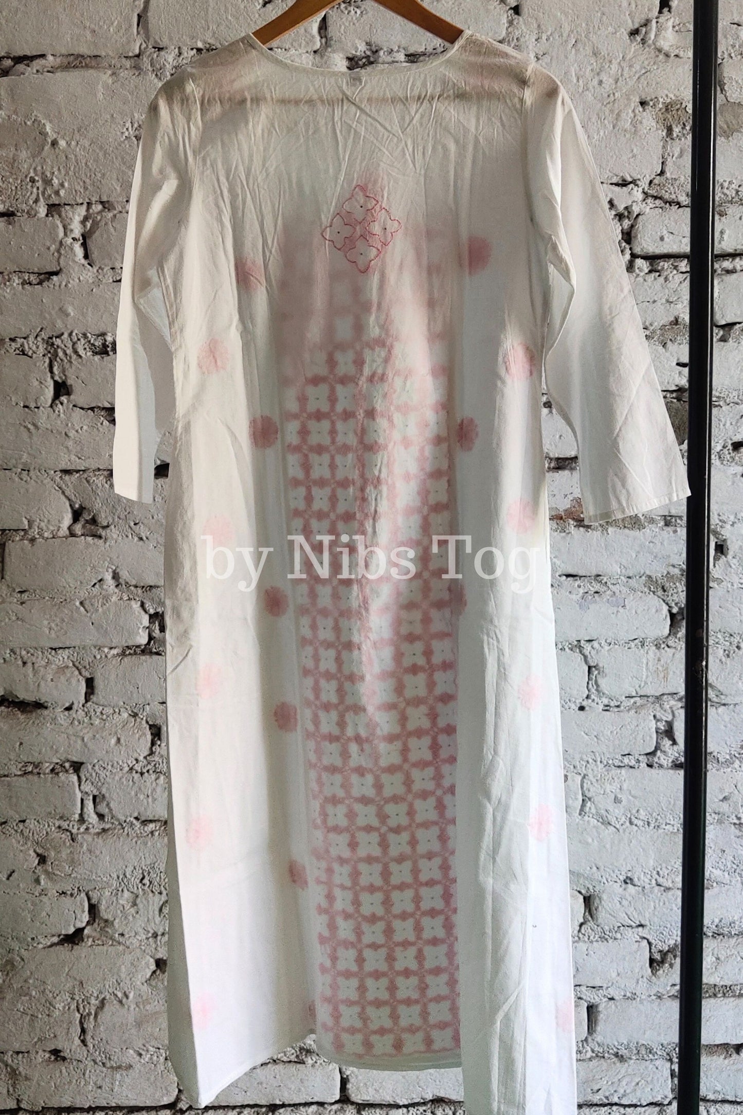 Cotton Chikankari Kurta A Line White and Pink Medium
