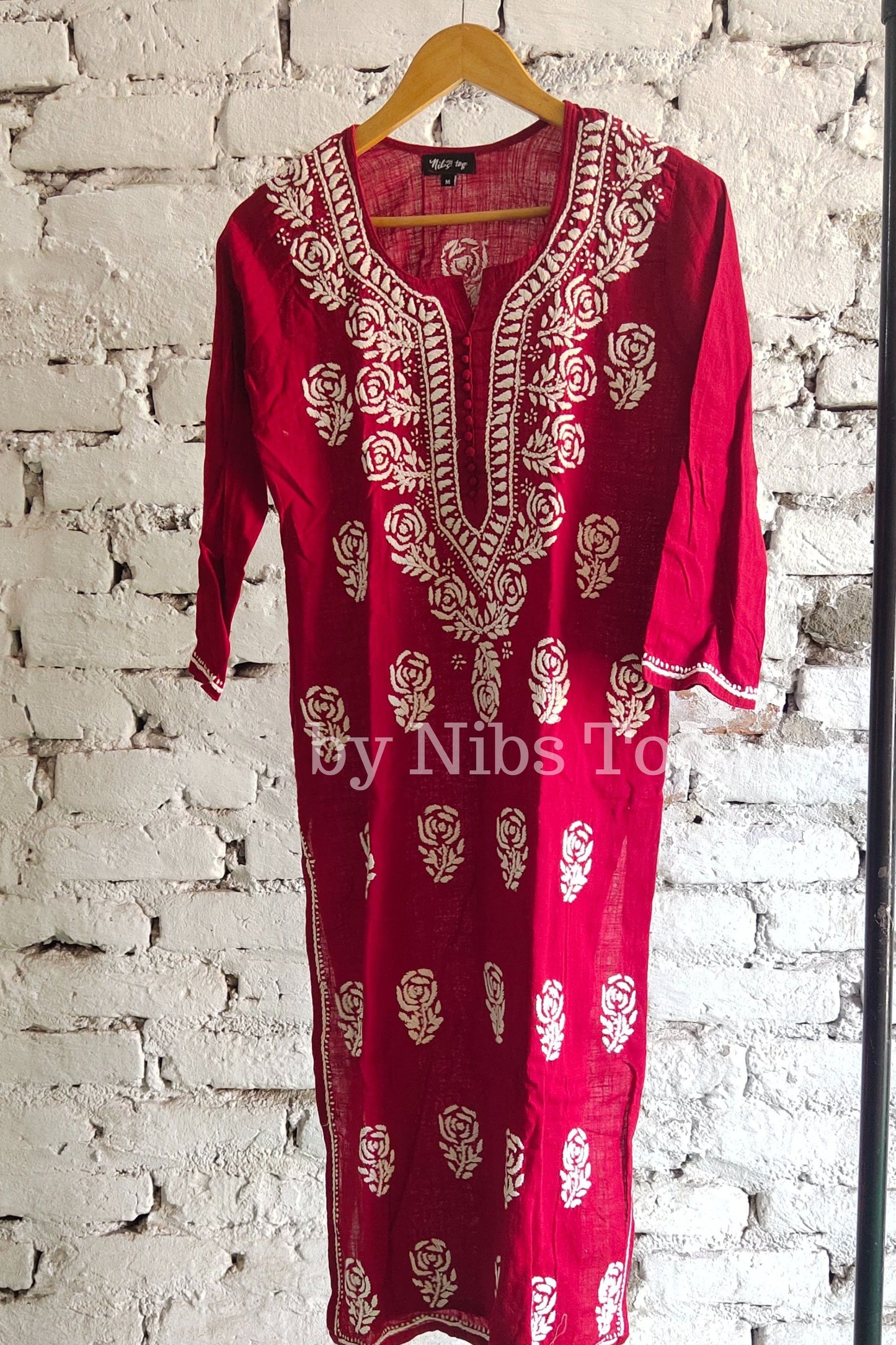 Linen Cotton Rose Butti Chikankari Kurti for Women Maroon Red