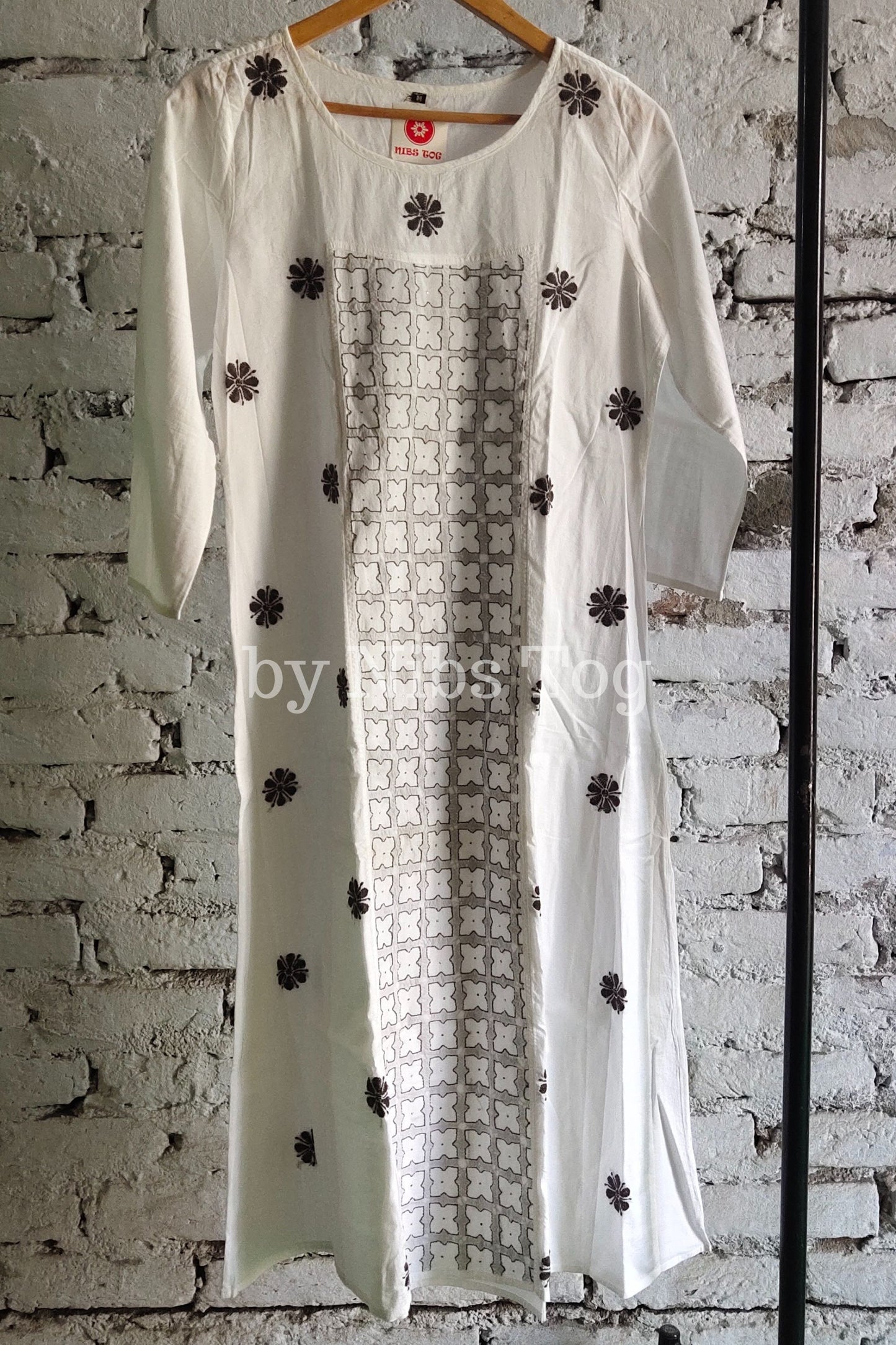 Cotton Chikankari Kurta A Line White and Grey
