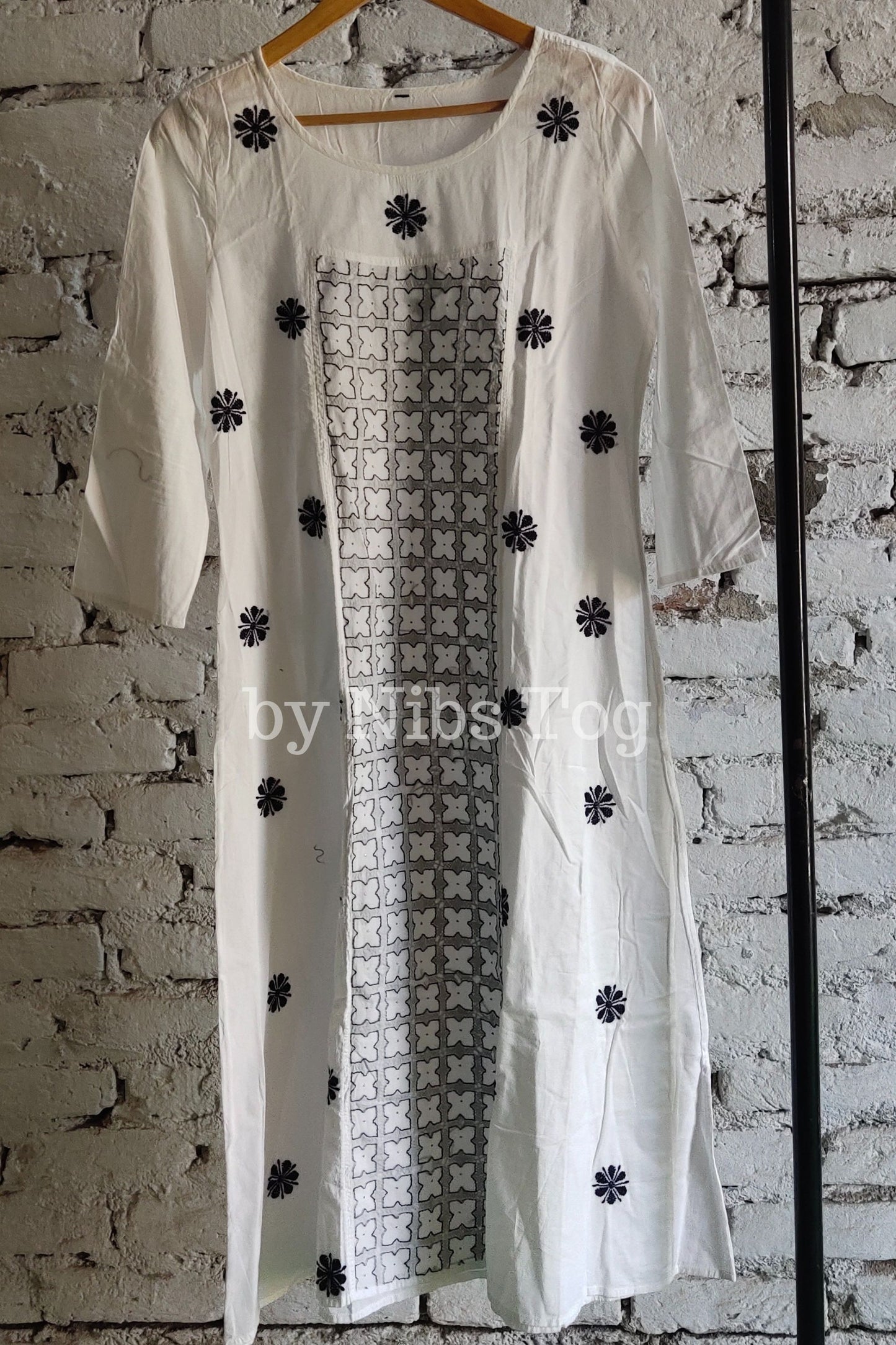 Cotton Chikankari Kurta A Line White and Blue Large